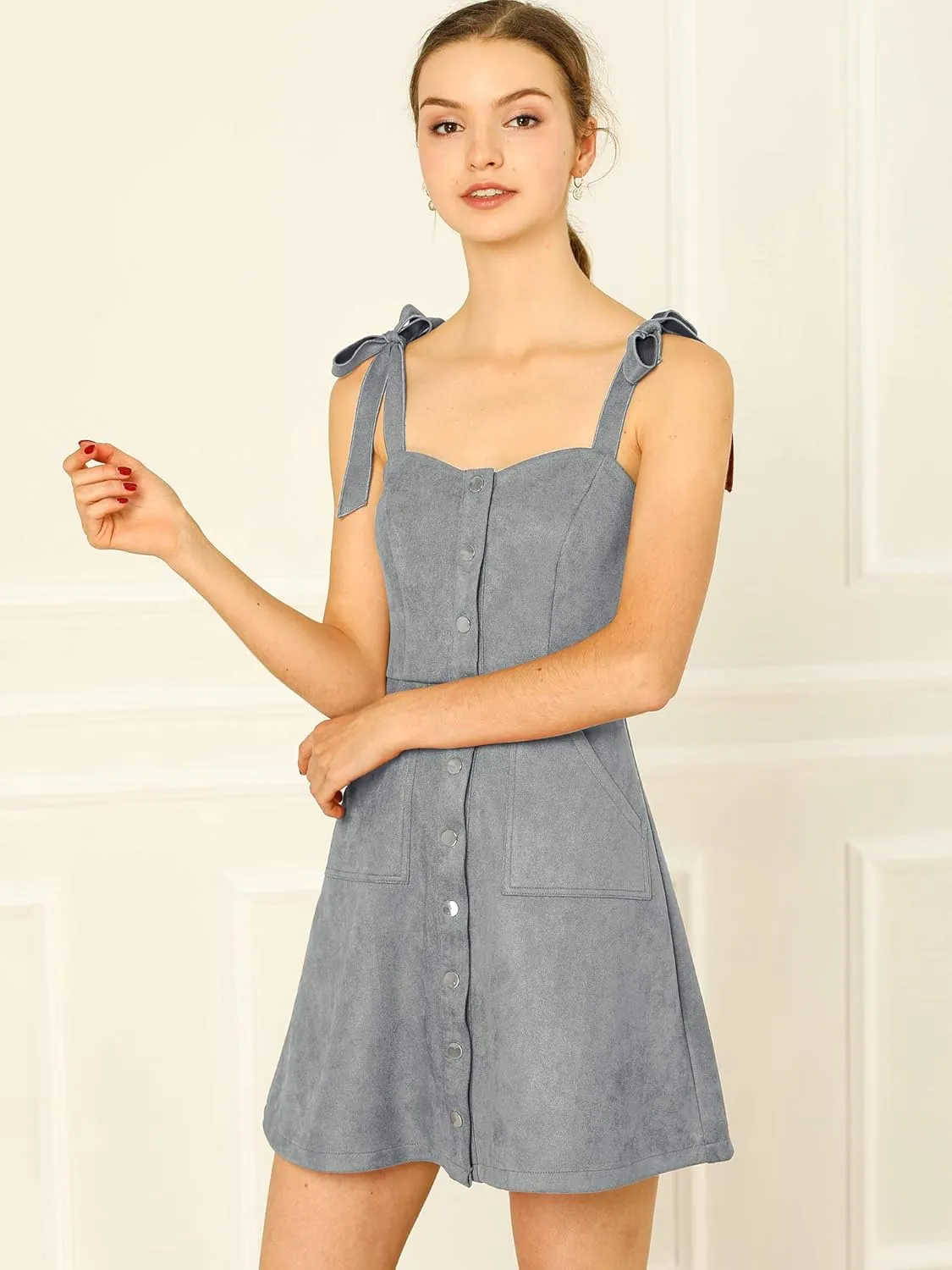 Allegra K Women's Casual Overall Dress Button Down Pockets Sleeveless Faux Suede Pinafore Dress