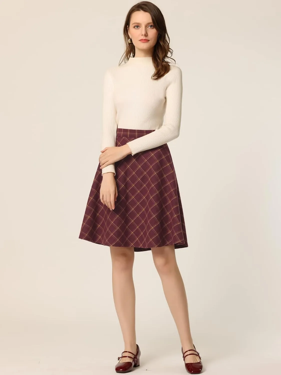 Allegra K Women's Easter Plaids Vintage Tartan Elastic Waist Knee Length A-Line Skirt