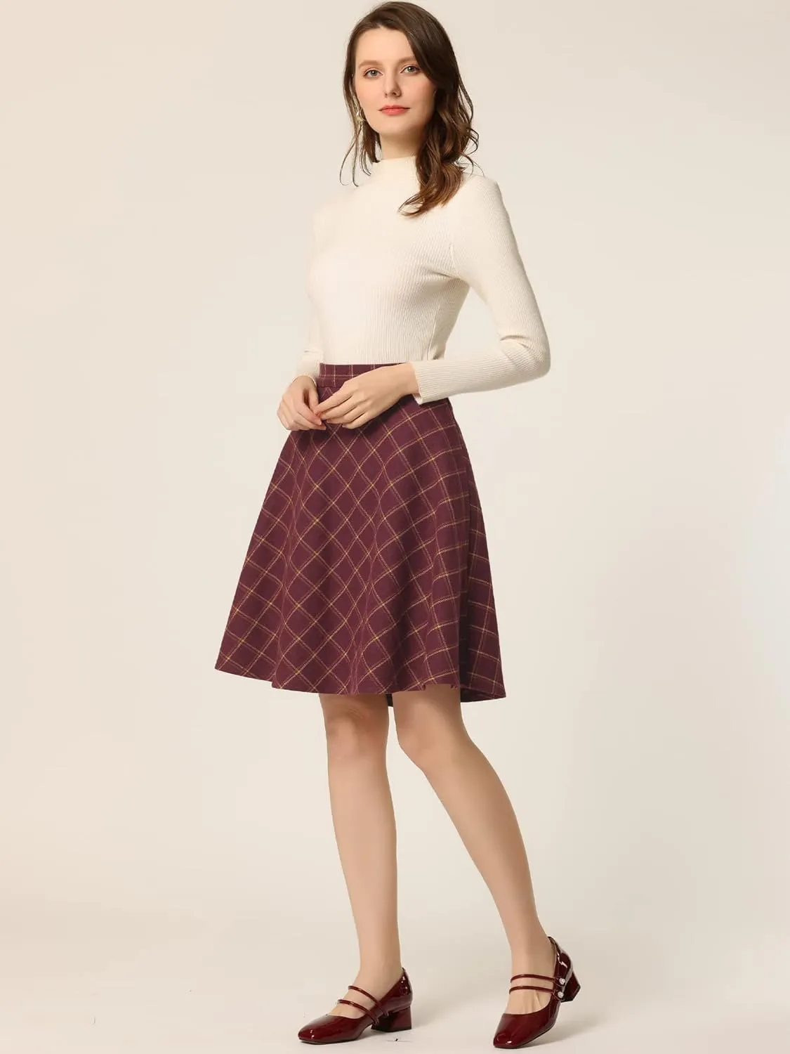 Allegra K Women's Easter Plaids Vintage Tartan Elastic Waist Knee Length A-Line Skirt