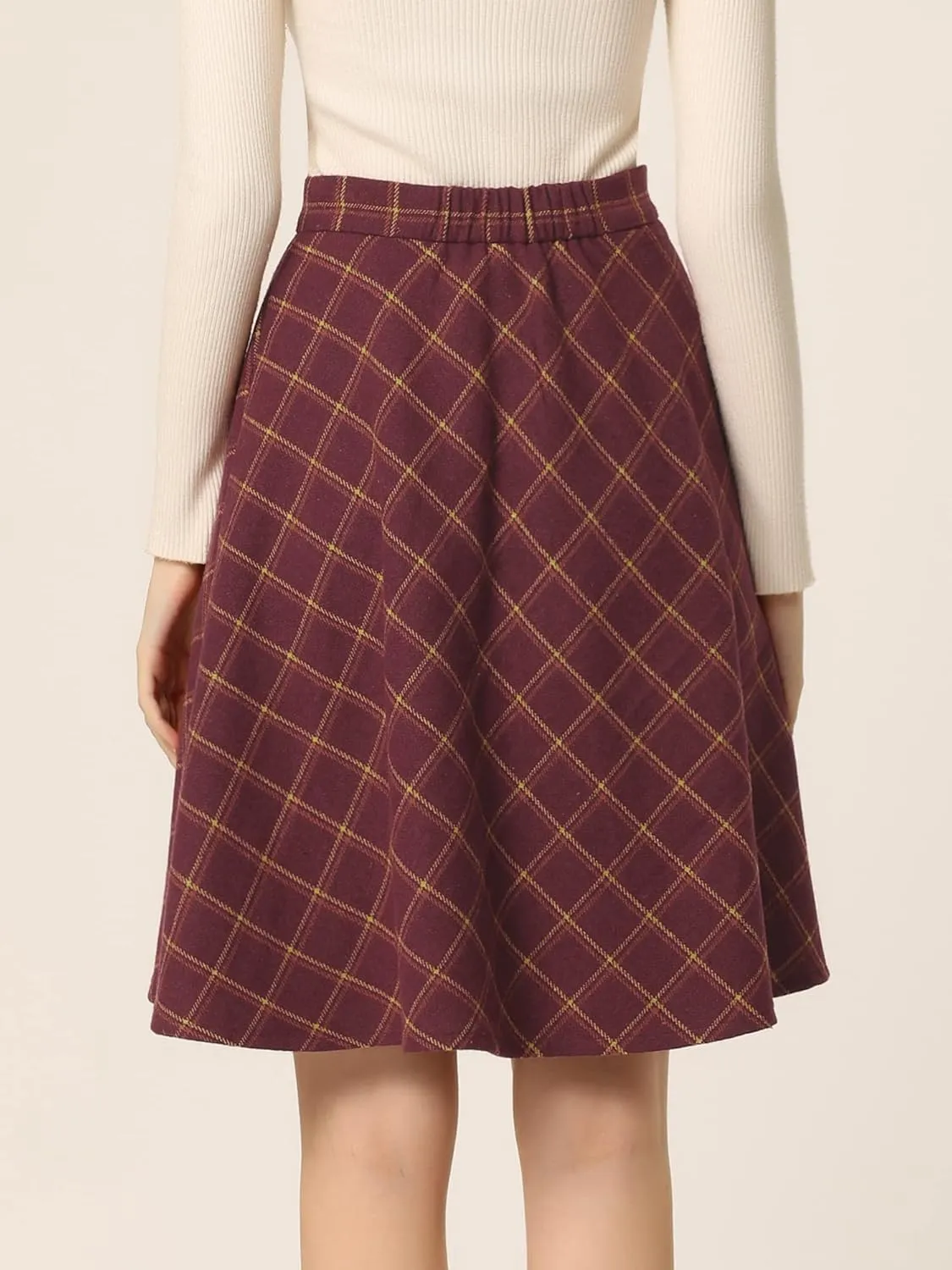 Allegra K Women's Easter Plaids Vintage Tartan Elastic Waist Knee Length A-Line Skirt