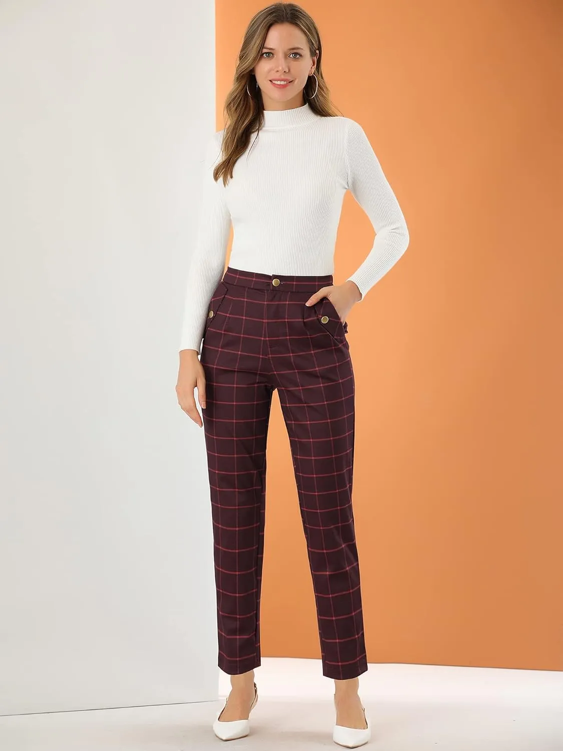 Allegra K Women's Vintage Tartan Plaid Pants Elastic Waist Straight Long Trousers