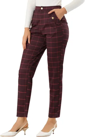 Allegra K Women's Vintage Tartan Plaid Pants Elastic Waist Straight Long Trousers