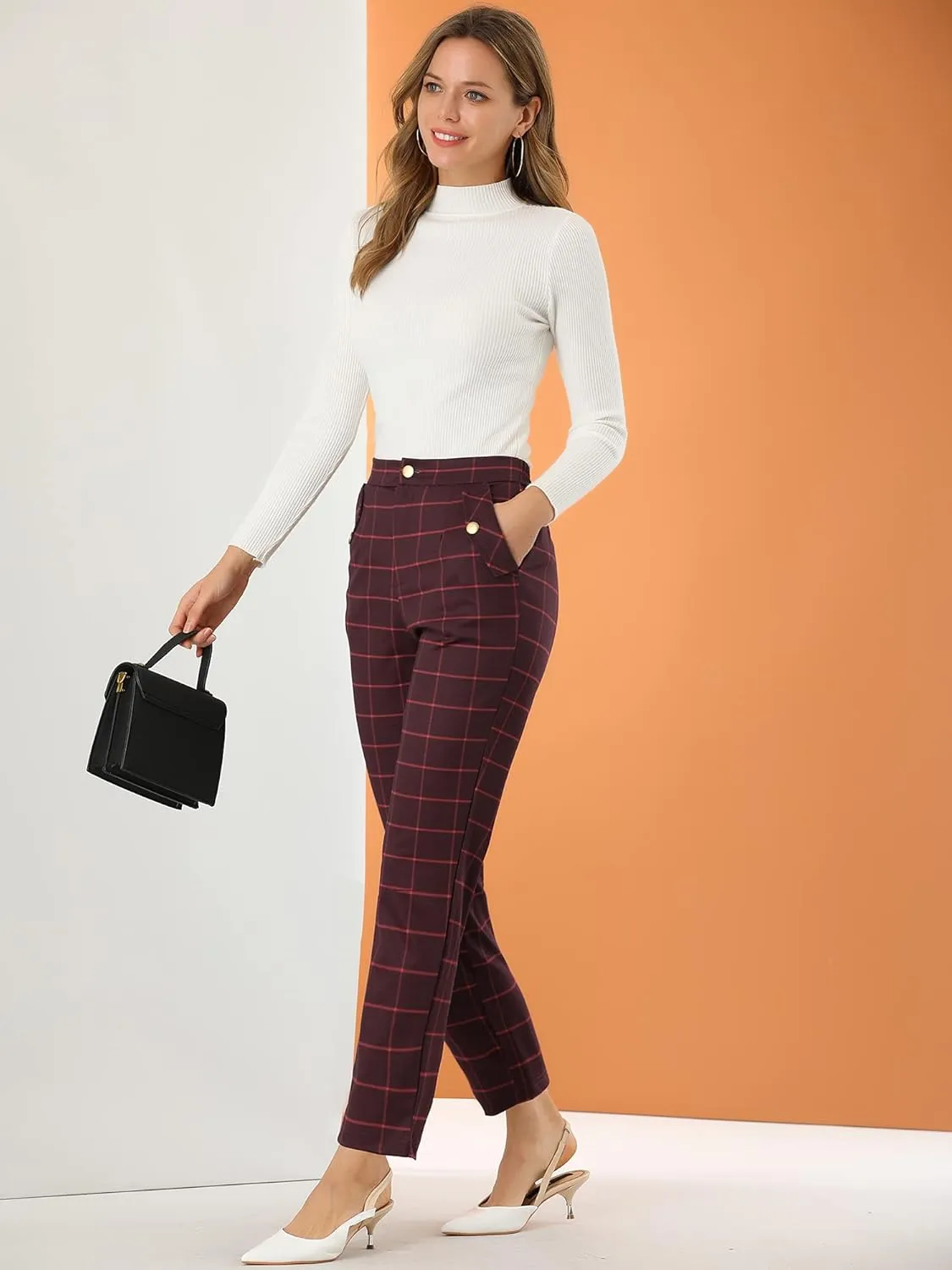 Allegra K Women's Vintage Tartan Plaid Pants Elastic Waist Straight Long Trousers