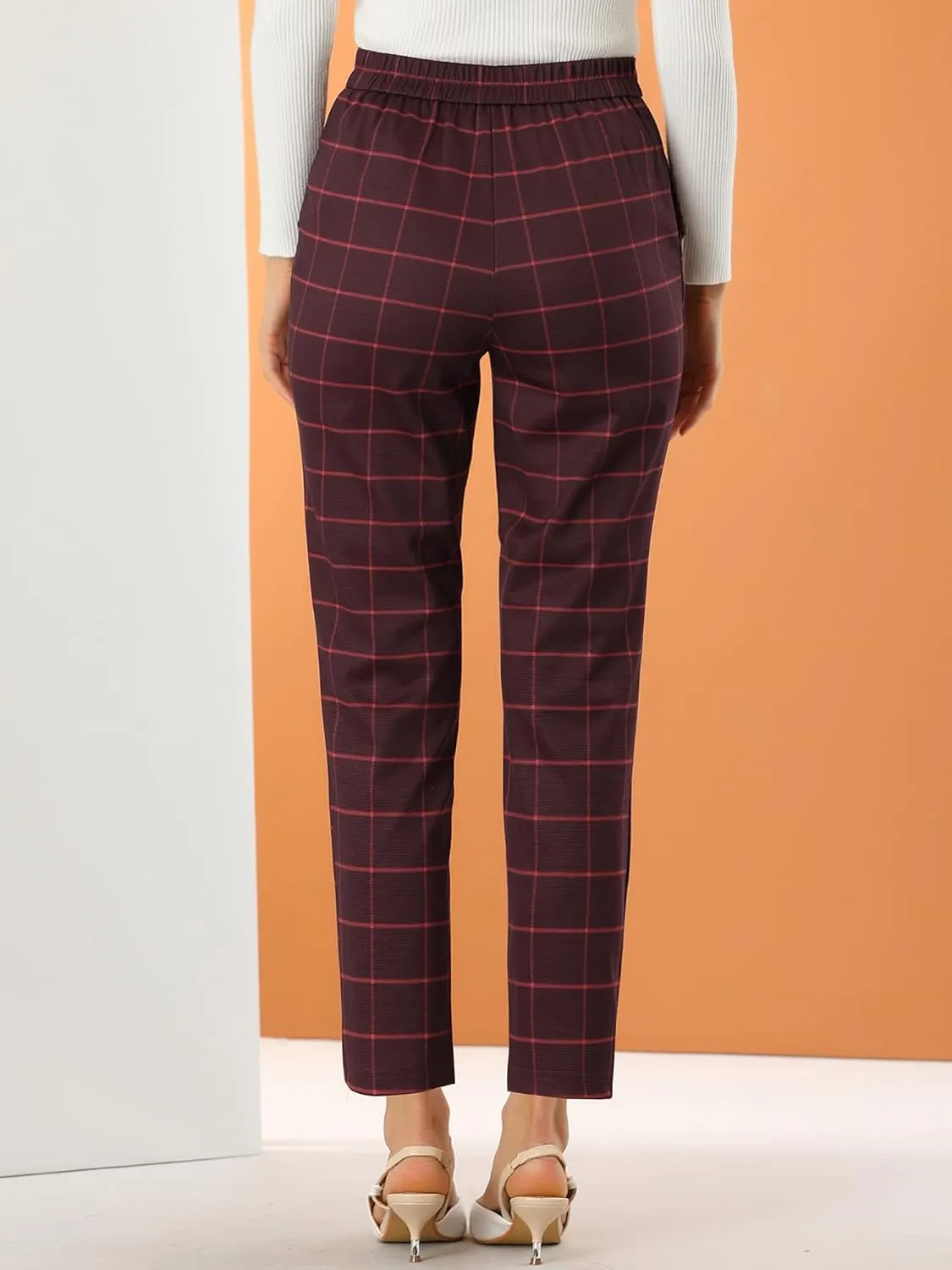 Allegra K Women's Vintage Tartan Plaid Pants Elastic Waist Straight Long Trousers