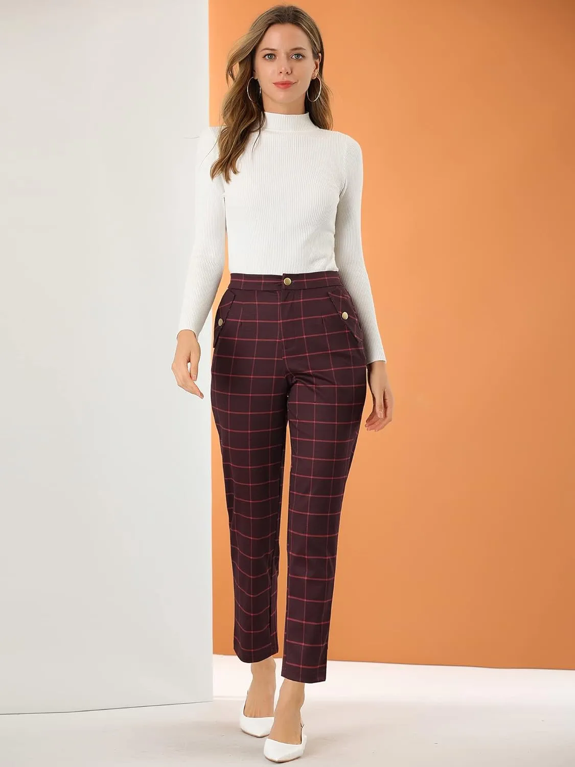 Allegra K Women's Vintage Tartan Plaid Pants Elastic Waist Straight Long Trousers
