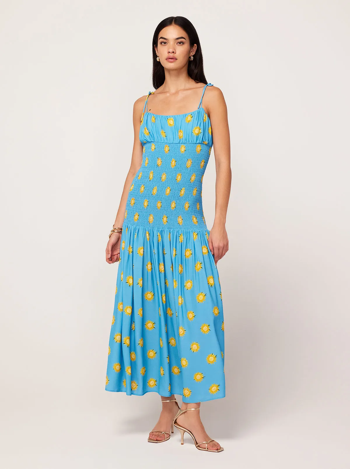 Andrea Blue Sunflower Print Maxi Dress