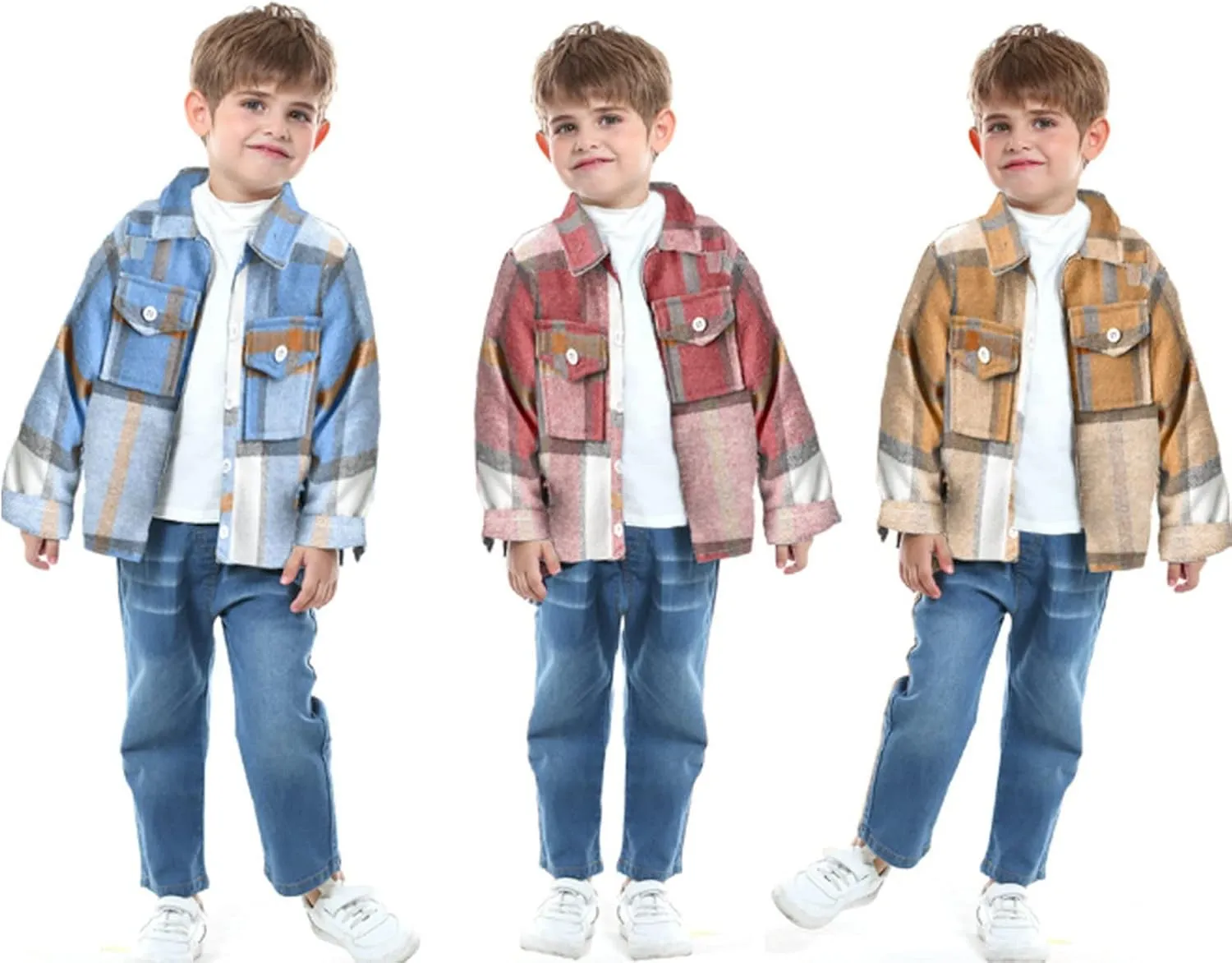 Baby Boys Kids Long Sleeve Button Down Plaid Shirts Fall Winter Flannel Shacket Jackets Tartan Tops