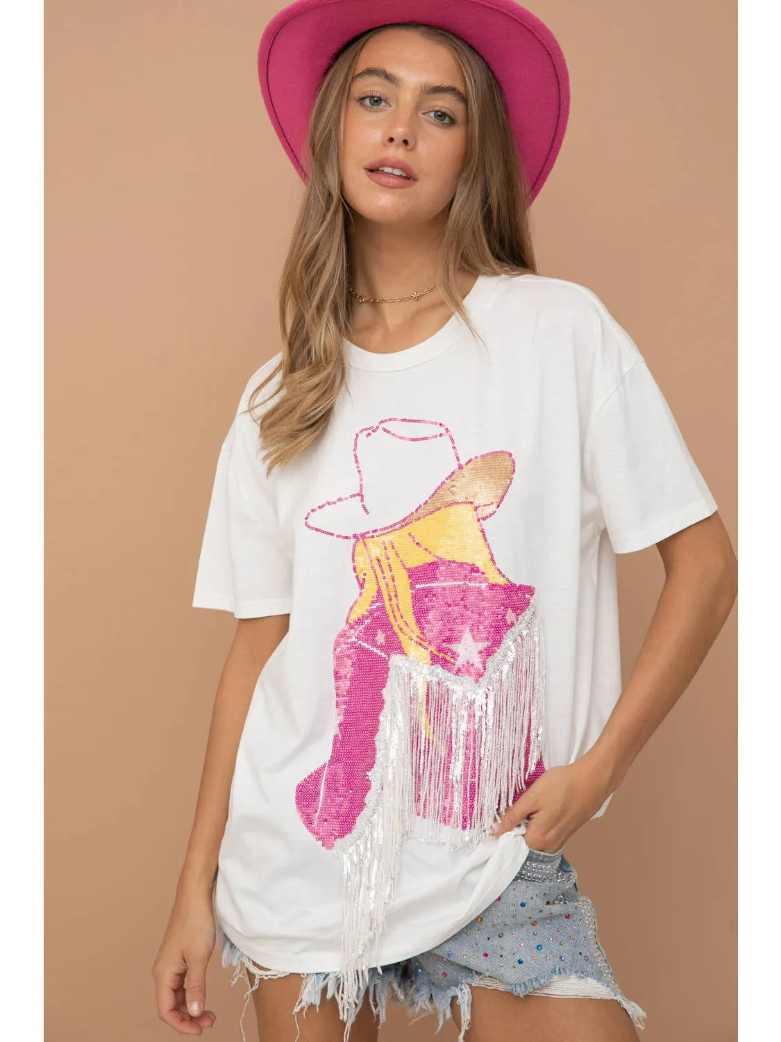 barbiecore cowgirl sequin tee
