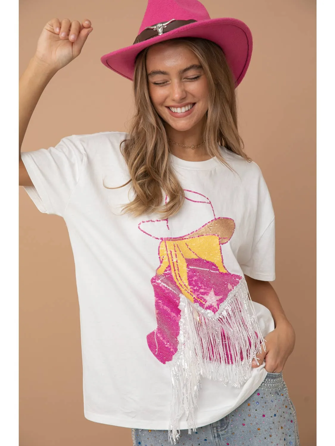 barbiecore cowgirl sequin tee