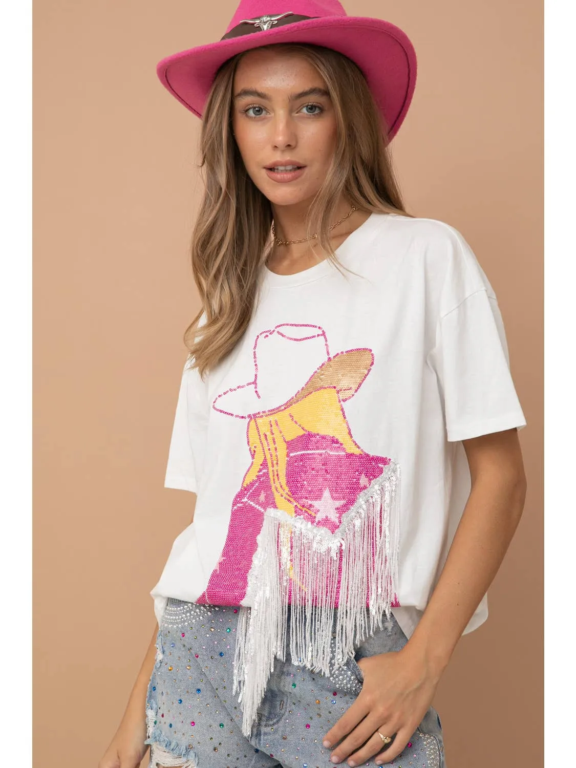 barbiecore cowgirl sequin tee