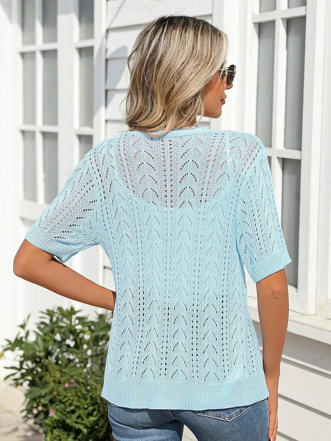 BB&KK Women's Crochet Open Front Cardigan Button Short Sleeve V Neck Soft Knitted Sweater Outerwear Cover Up