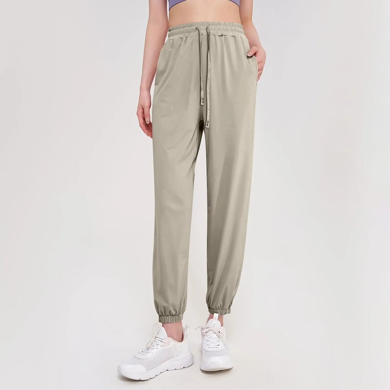 Beeswan Pants for Women Casual Loose Stretchy Work Pants Jogging Elastic Summer Solid Outfit Ankle-Length with Pockets