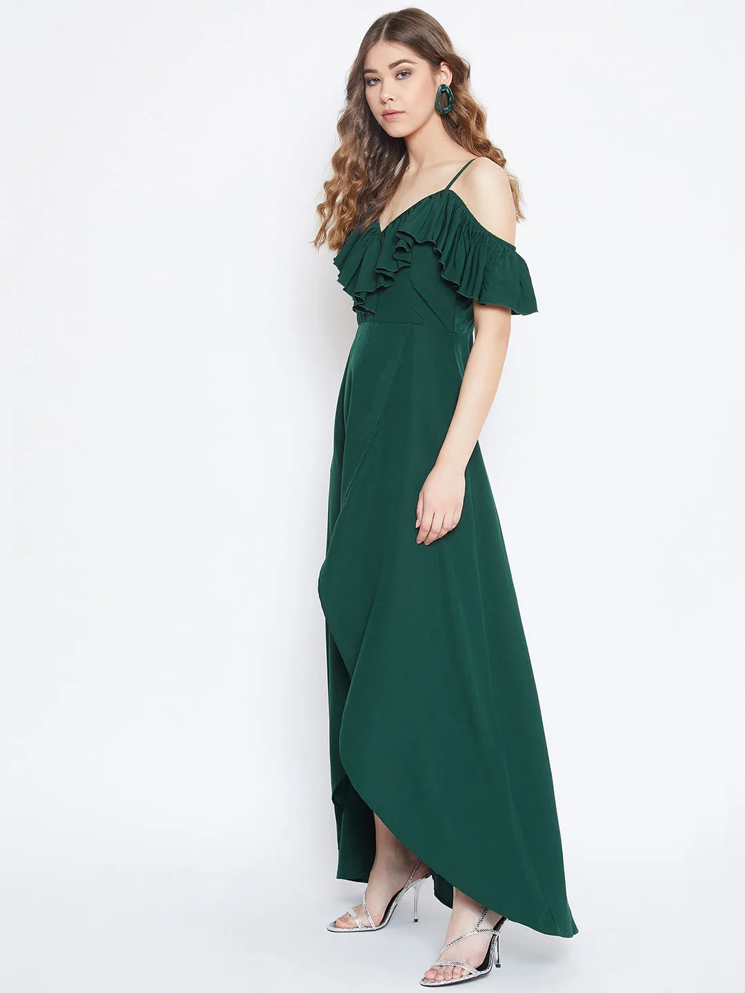 Berrylush Women Solid Dark Green V-Neck Thigh-High Slit Frilled Maxi Dress