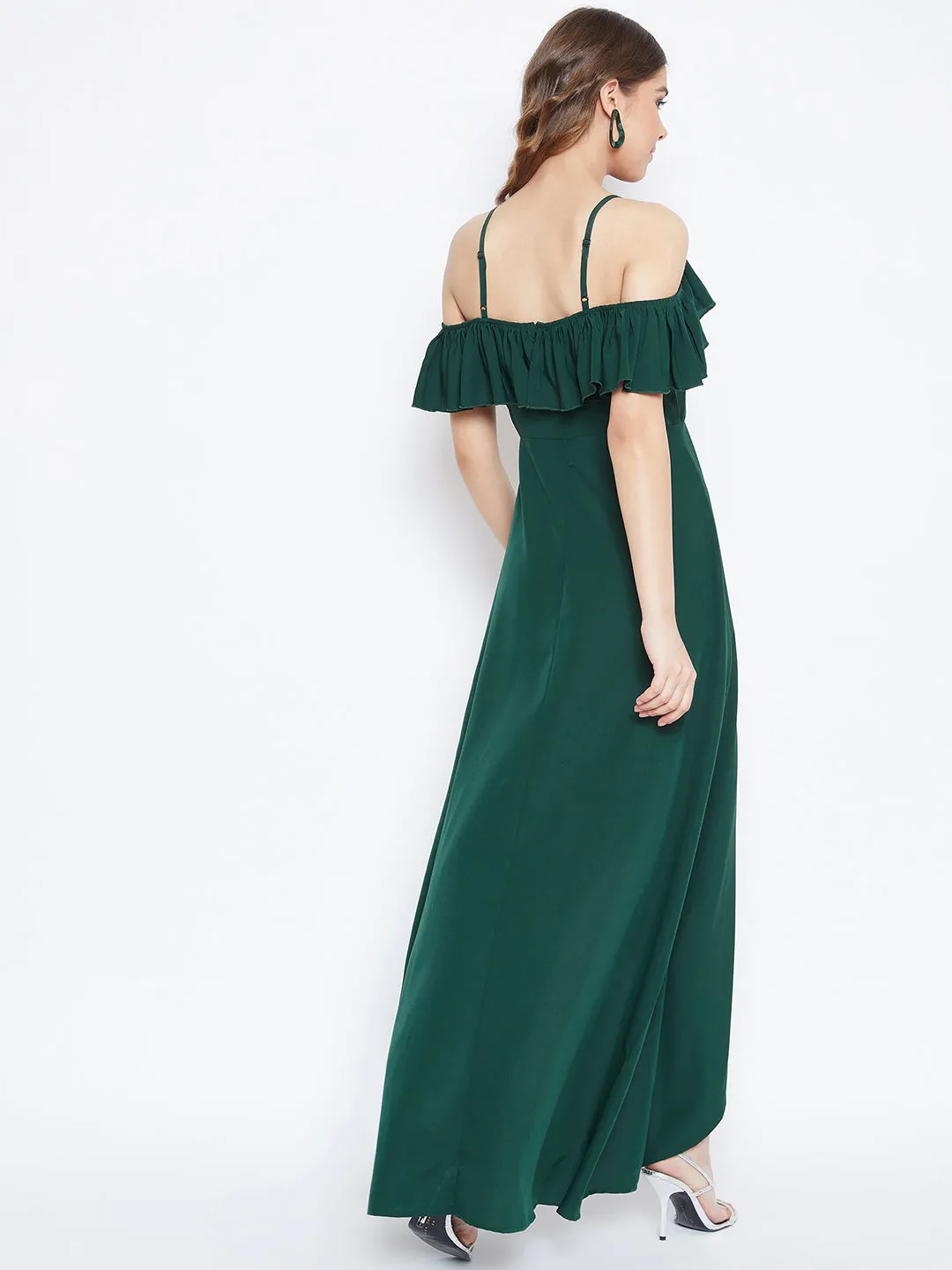 Berrylush Women Solid Dark Green V-Neck Thigh-High Slit Frilled Maxi Dress