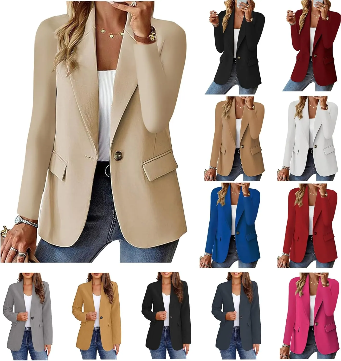 Blazers for Women Business Jackets Lapel Casual Long Sleeve Coats Open Front Button Blazer Work Office with Pockets