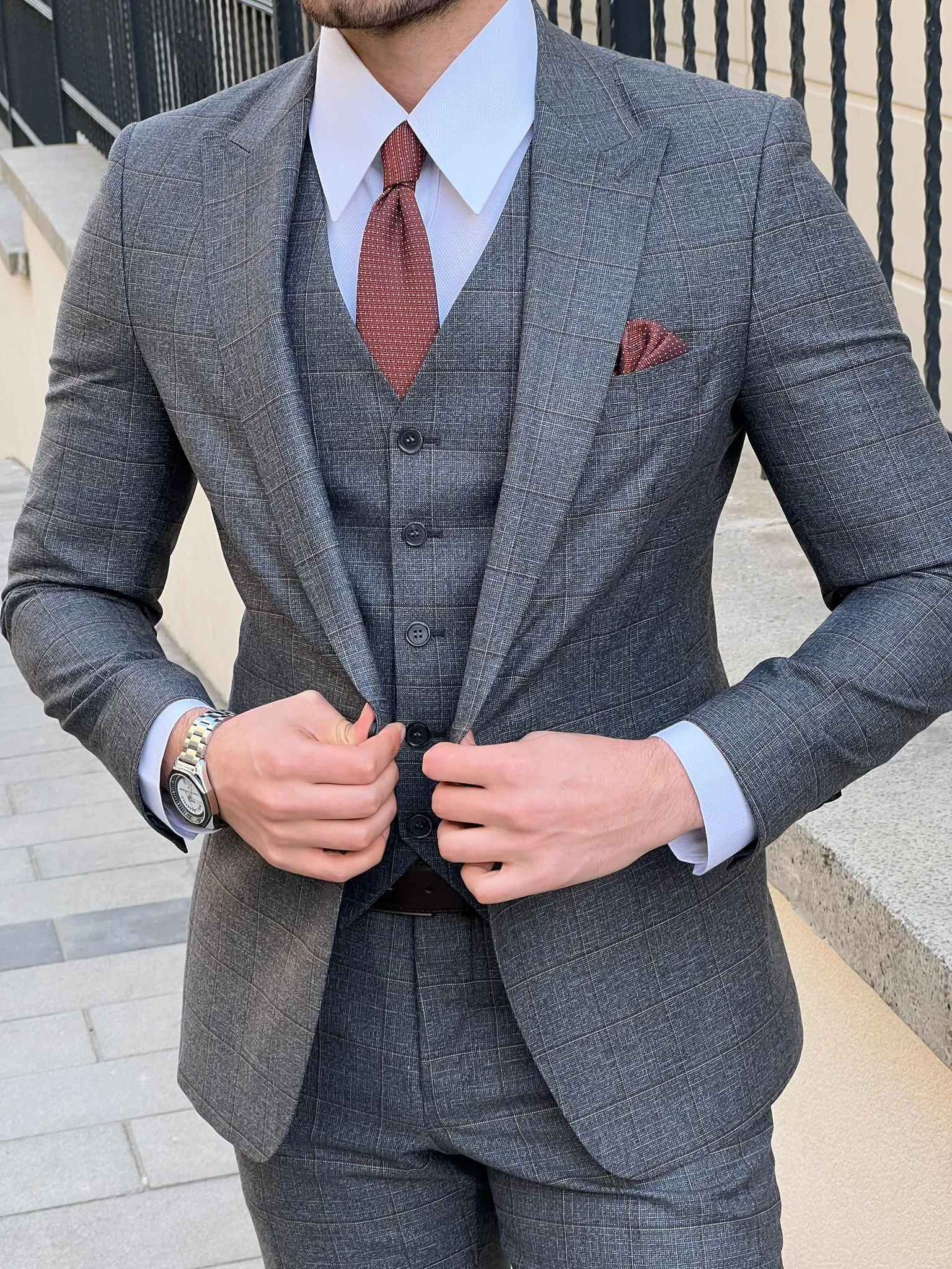 Bojoni Montebello Slim Fit High Quality Woolen Plaid Smoked Suit