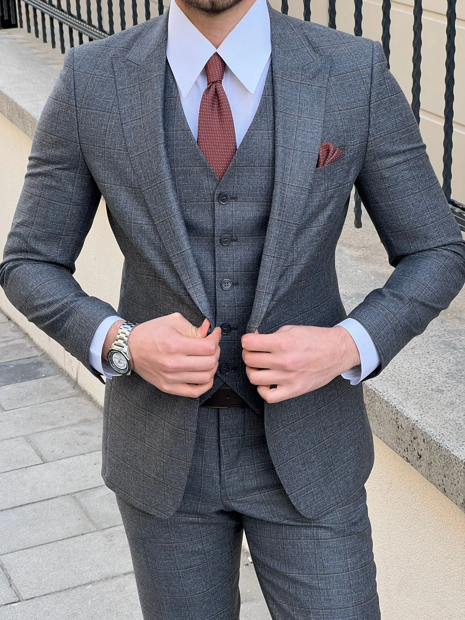 Bojoni Montebello Slim Fit High Quality Woolen Plaid Smoked Suit