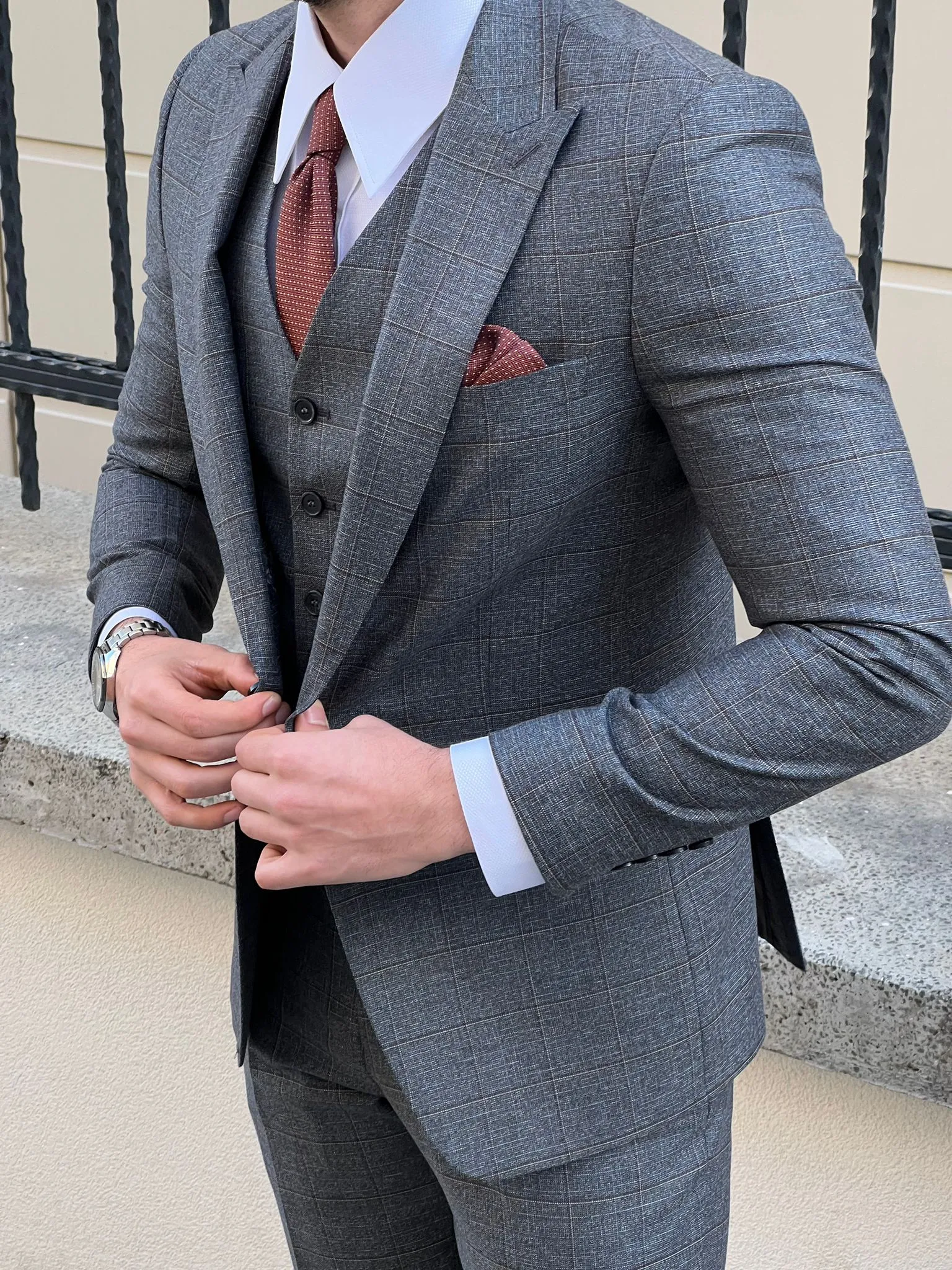 Bojoni Montebello Slim Fit High Quality Woolen Plaid Smoked Suit