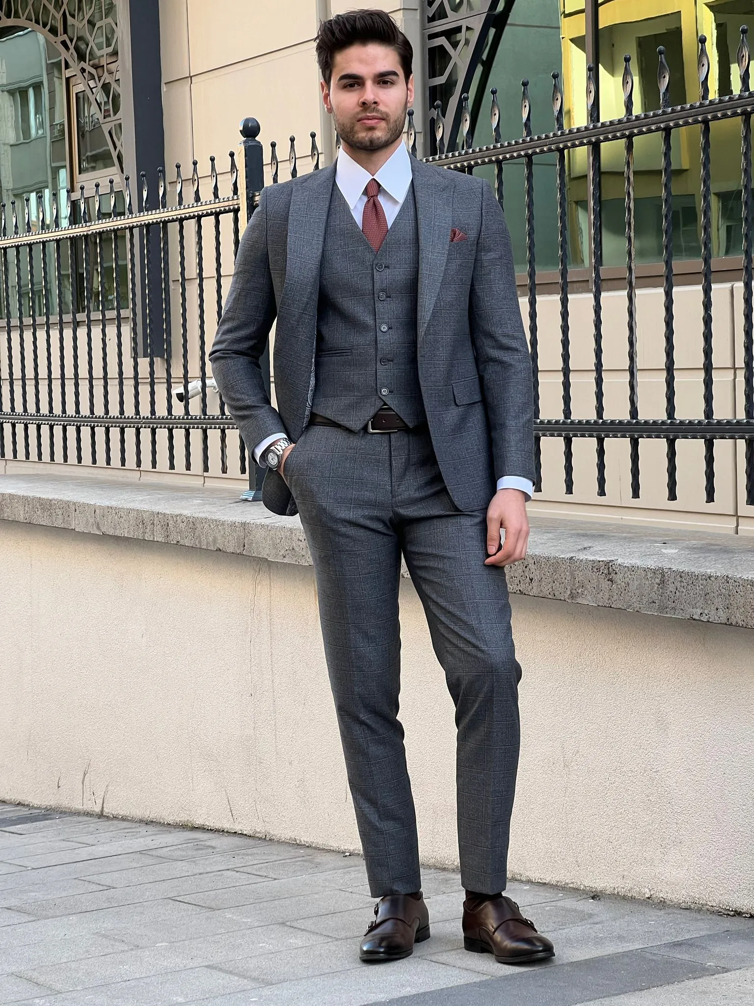 Bojoni Montebello Slim Fit High Quality Woolen Plaid Smoked Suit