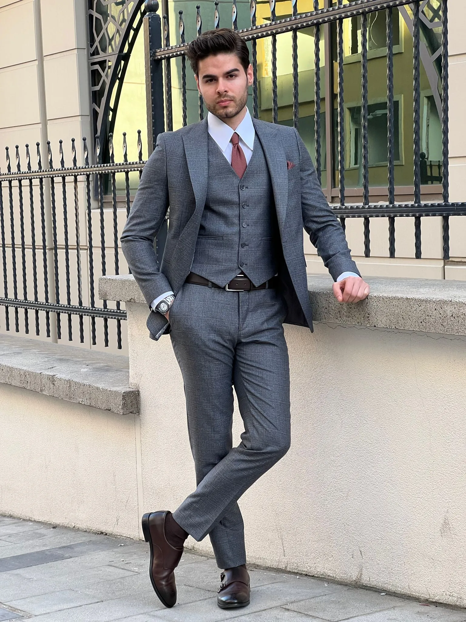 Bojoni Montebello Slim Fit High Quality Woolen Plaid Smoked Suit
