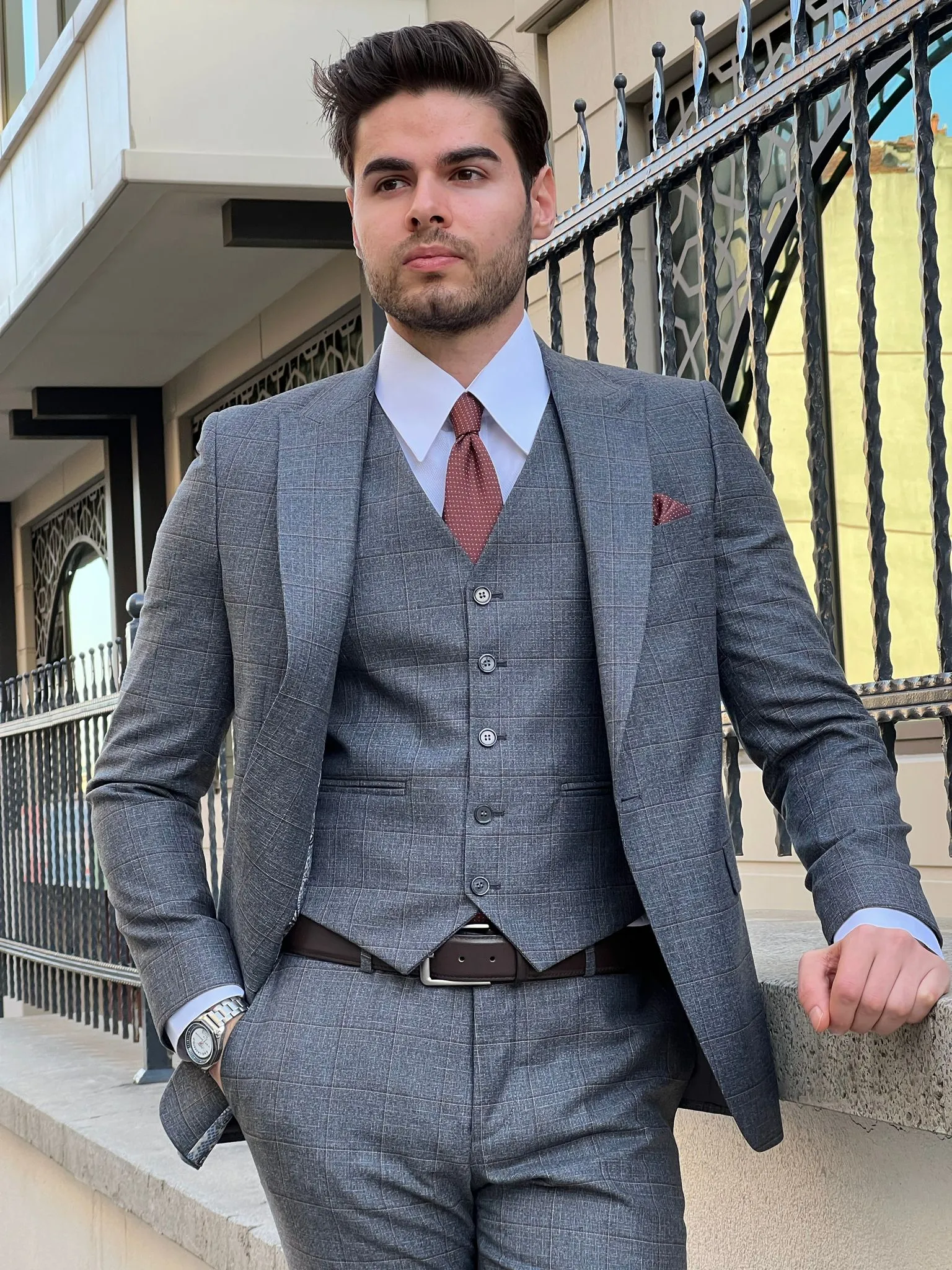 Bojoni Montebello Slim Fit High Quality Woolen Plaid Smoked Suit