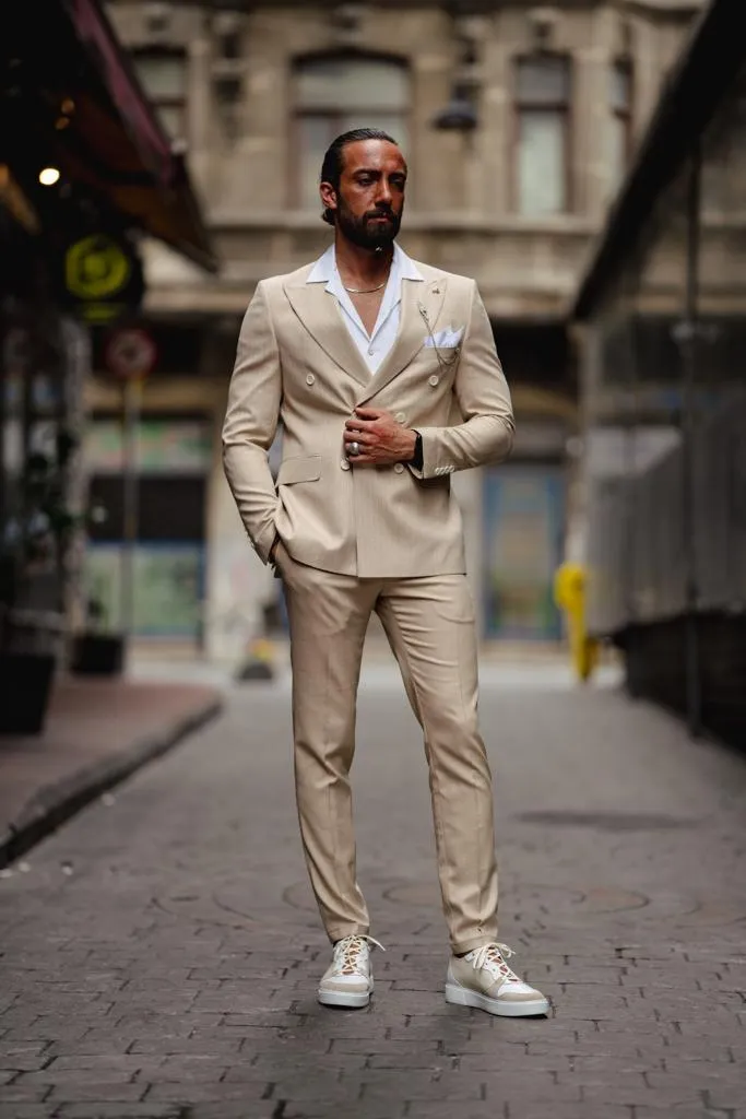 Bojoni Serra Beige Slim Fit Double Breasted Pinstripe Suit