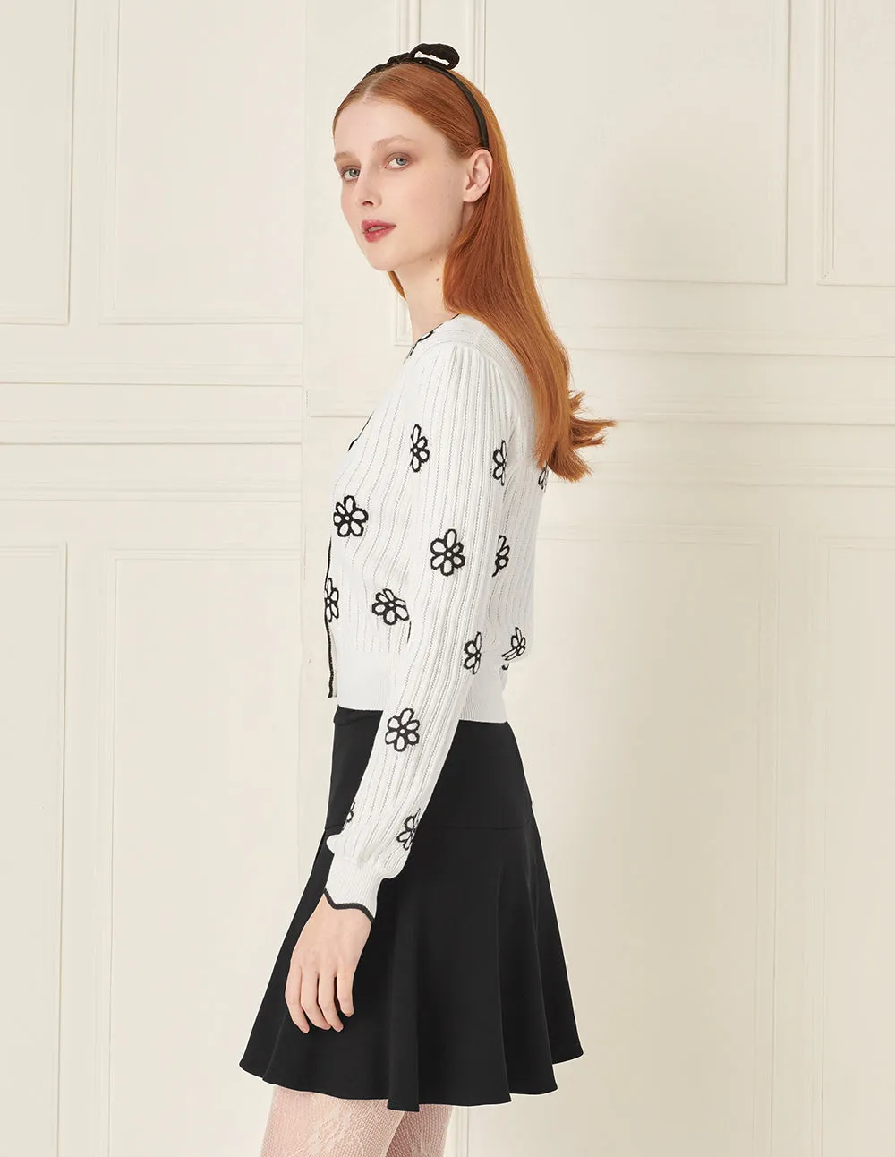 BORA AKSU Wavy Edge V-Neck Floral Knitted Cardigan