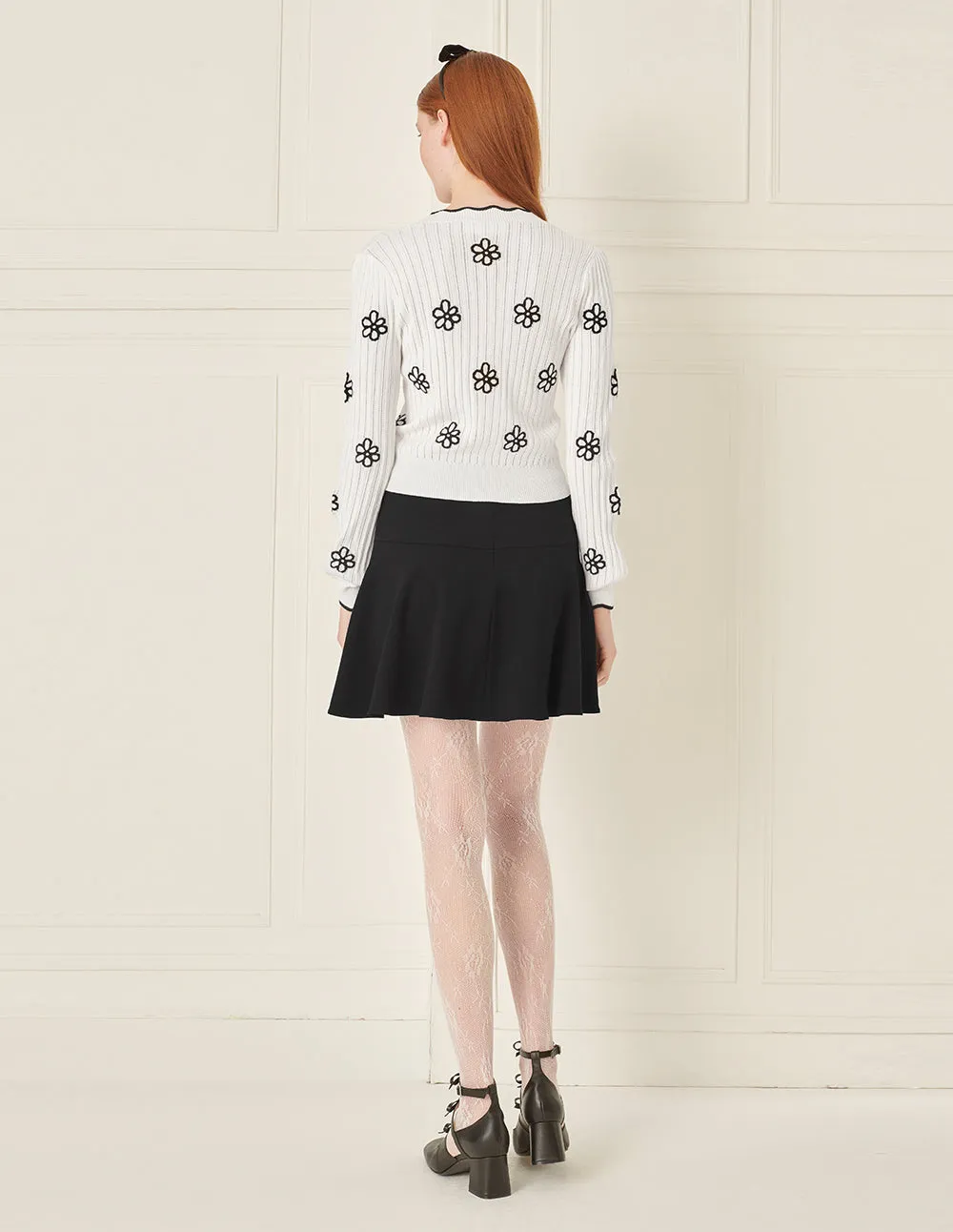 BORA AKSU Wavy Edge V-Neck Floral Knitted Cardigan