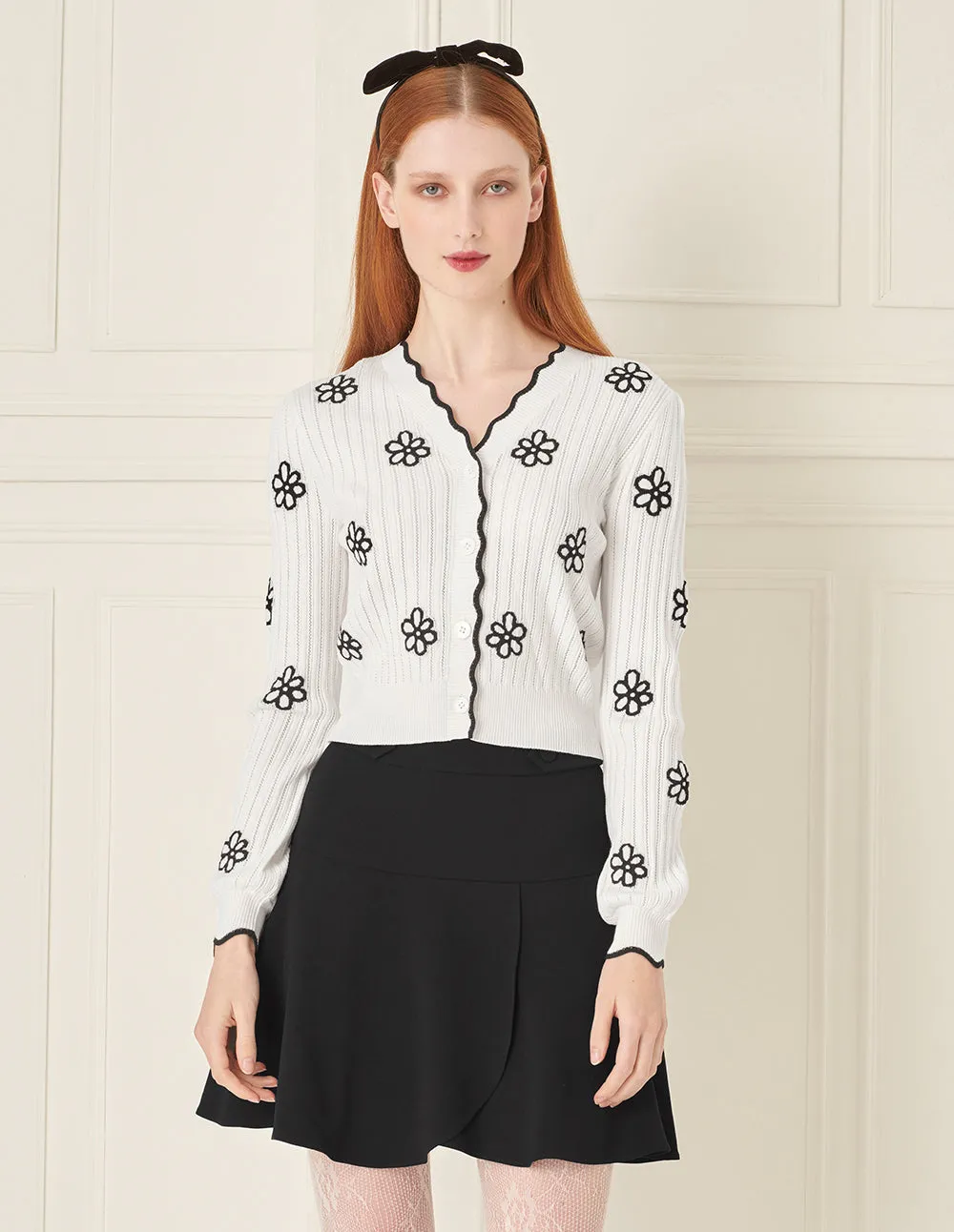 BORA AKSU Wavy Edge V-Neck Floral Knitted Cardigan