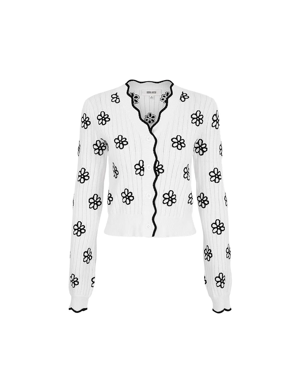 BORA AKSU Wavy Edge V-Neck Floral Knitted Cardigan