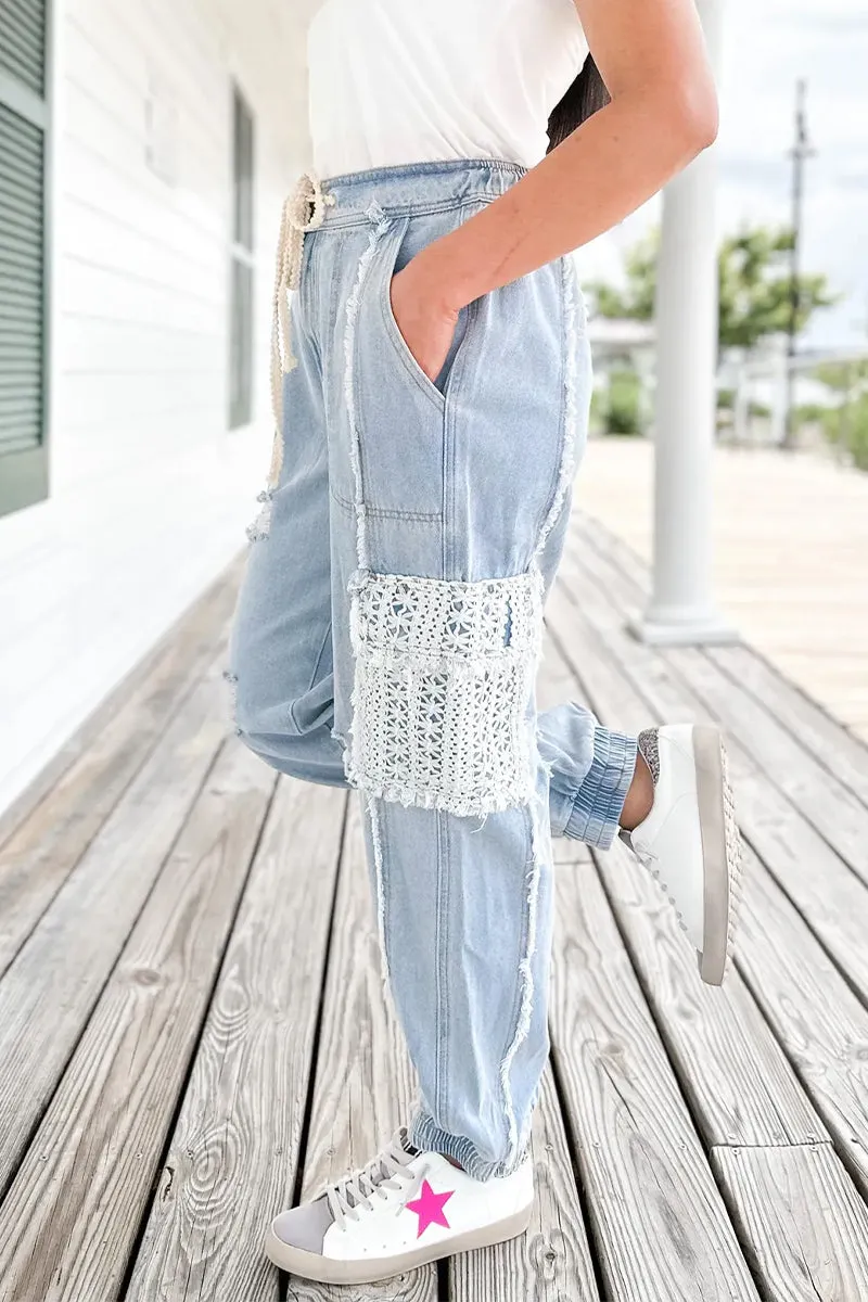 Casual Solid Lace Ripped Pocket High Waist Denim Jeans