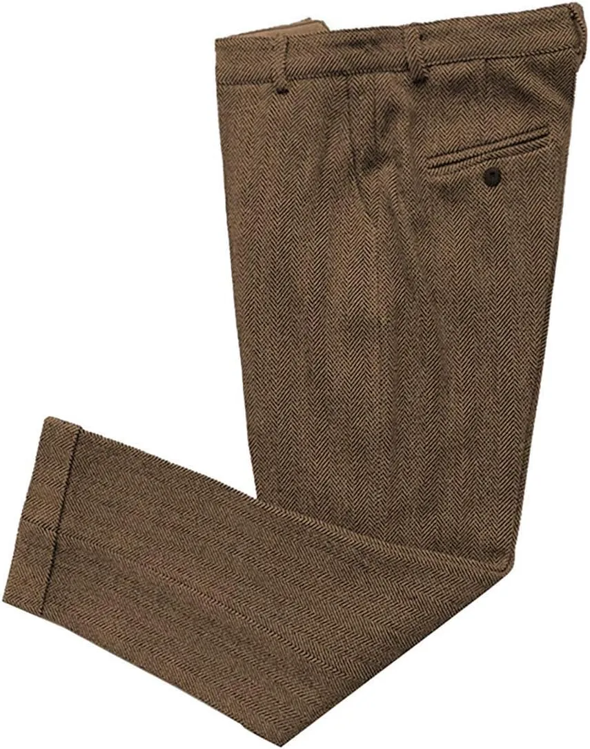 Ceehuteey Men's Regular Fit Tweed Wool Dress Pants Flat Front Herringbone Trousers