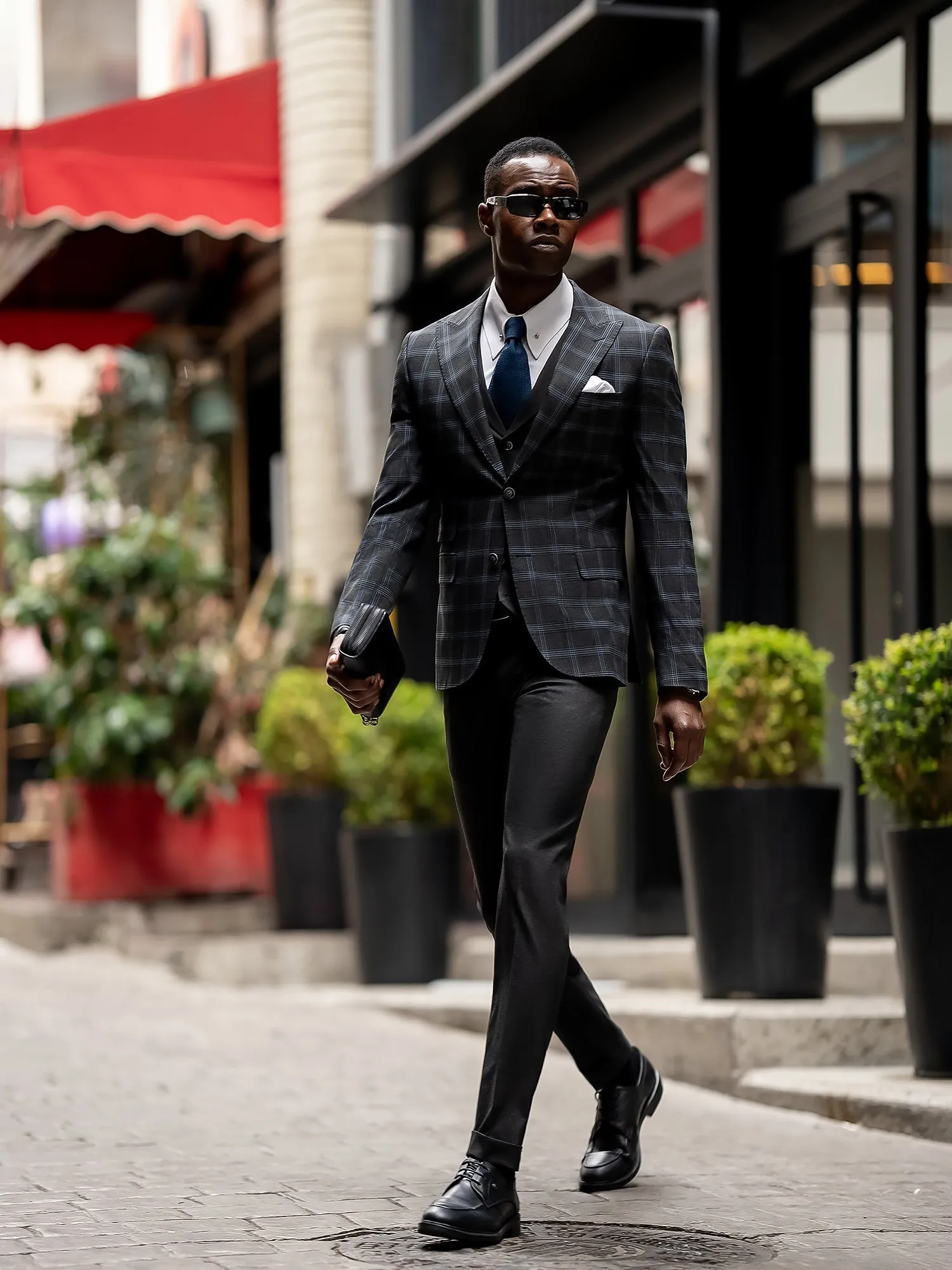 Dark Navy Plaid Slim-Fit Suit 3-Piece