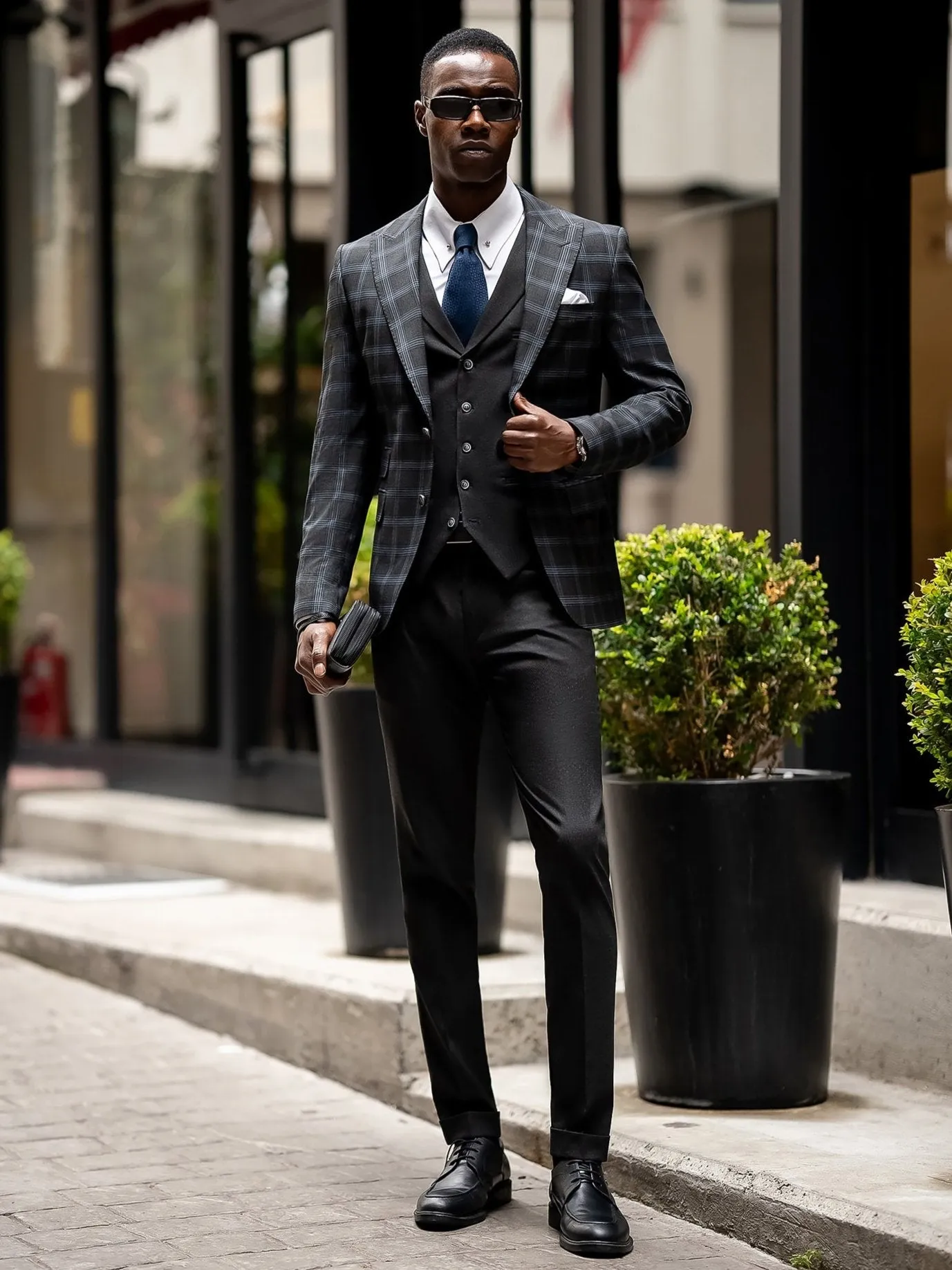 Dark Navy Plaid Slim-Fit Suit 3-Piece
