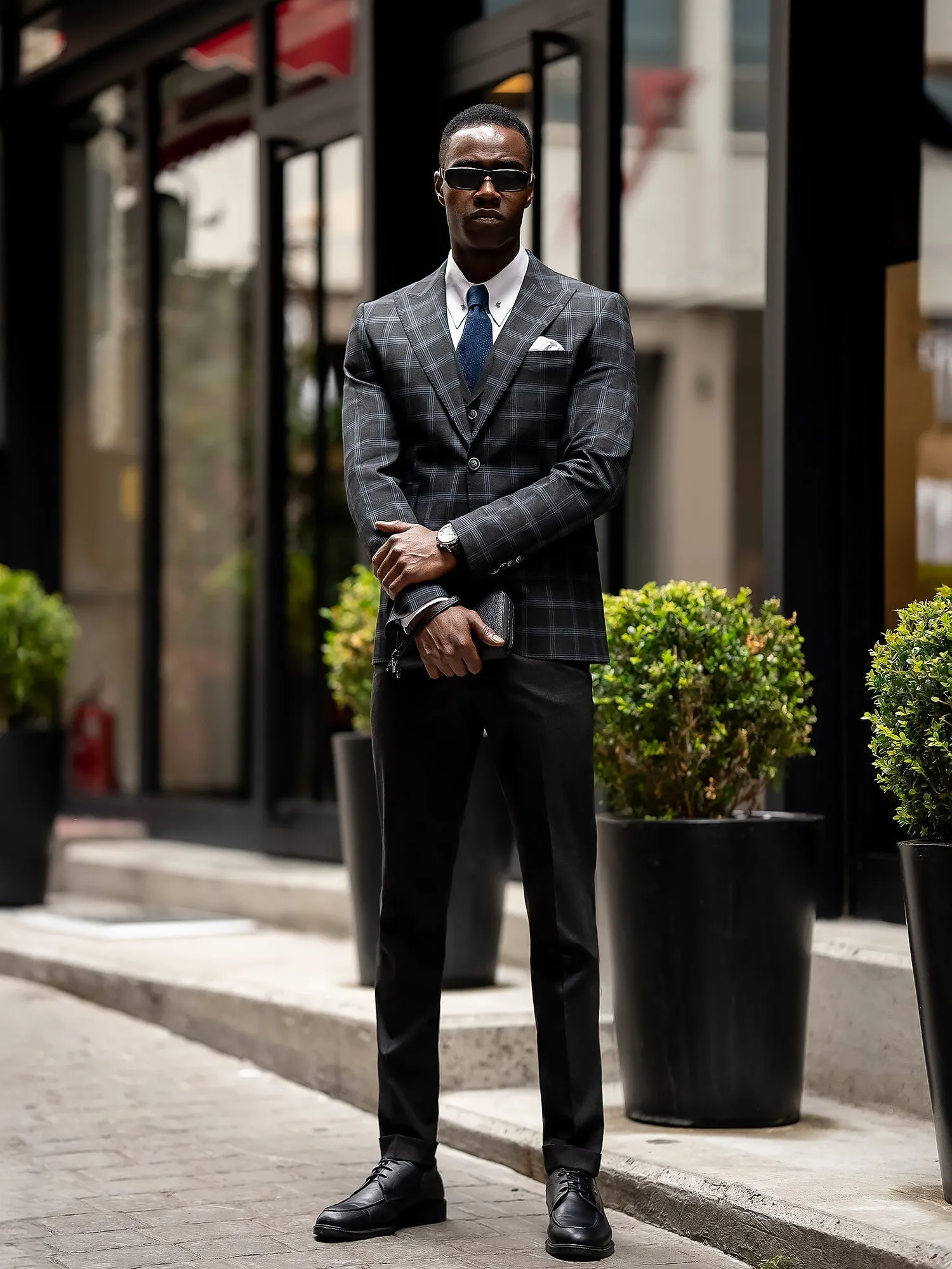 Dark Navy Plaid Slim-Fit Suit 3-Piece