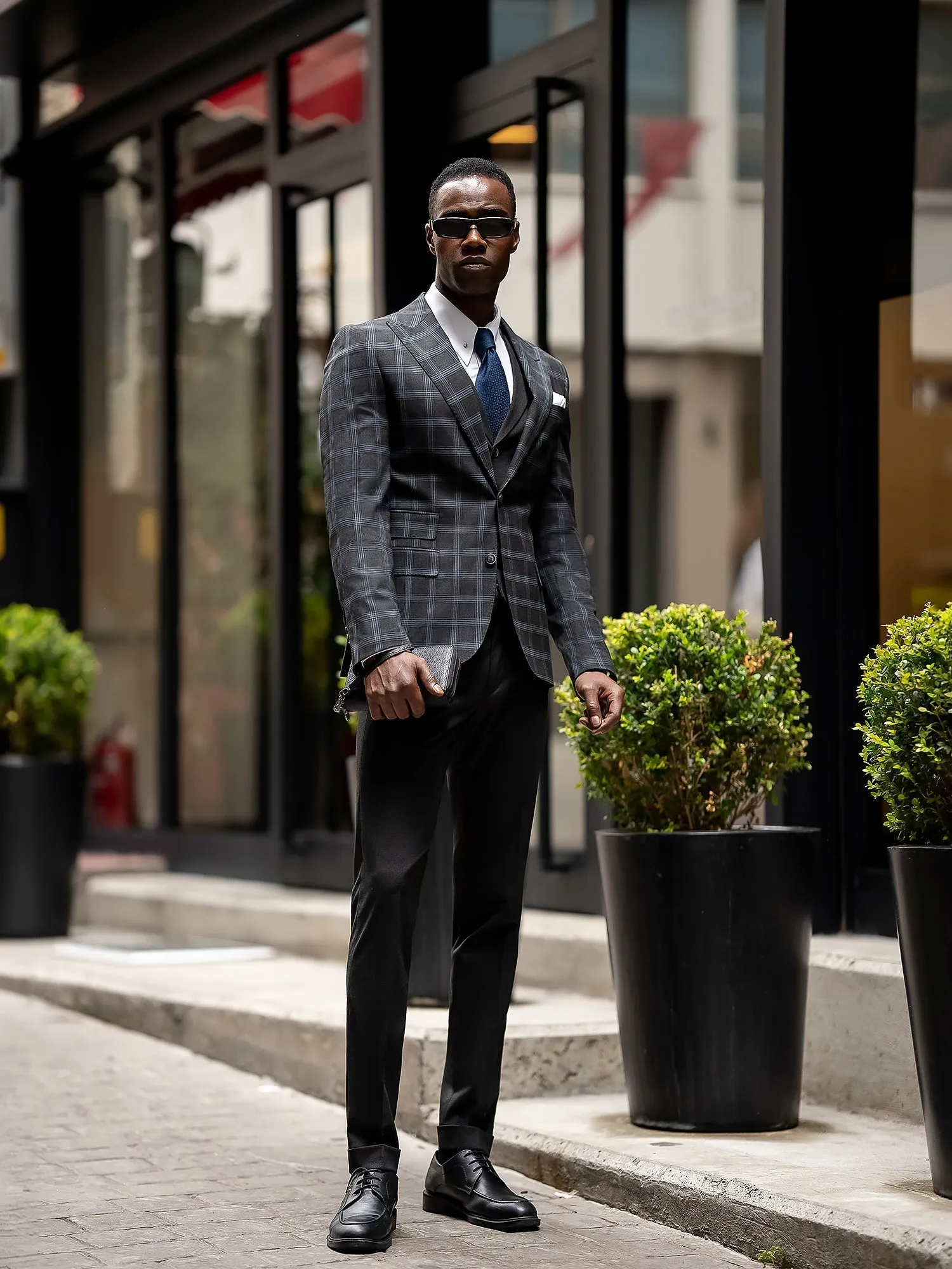 Dark Navy Plaid Slim-Fit Suit 3-Piece