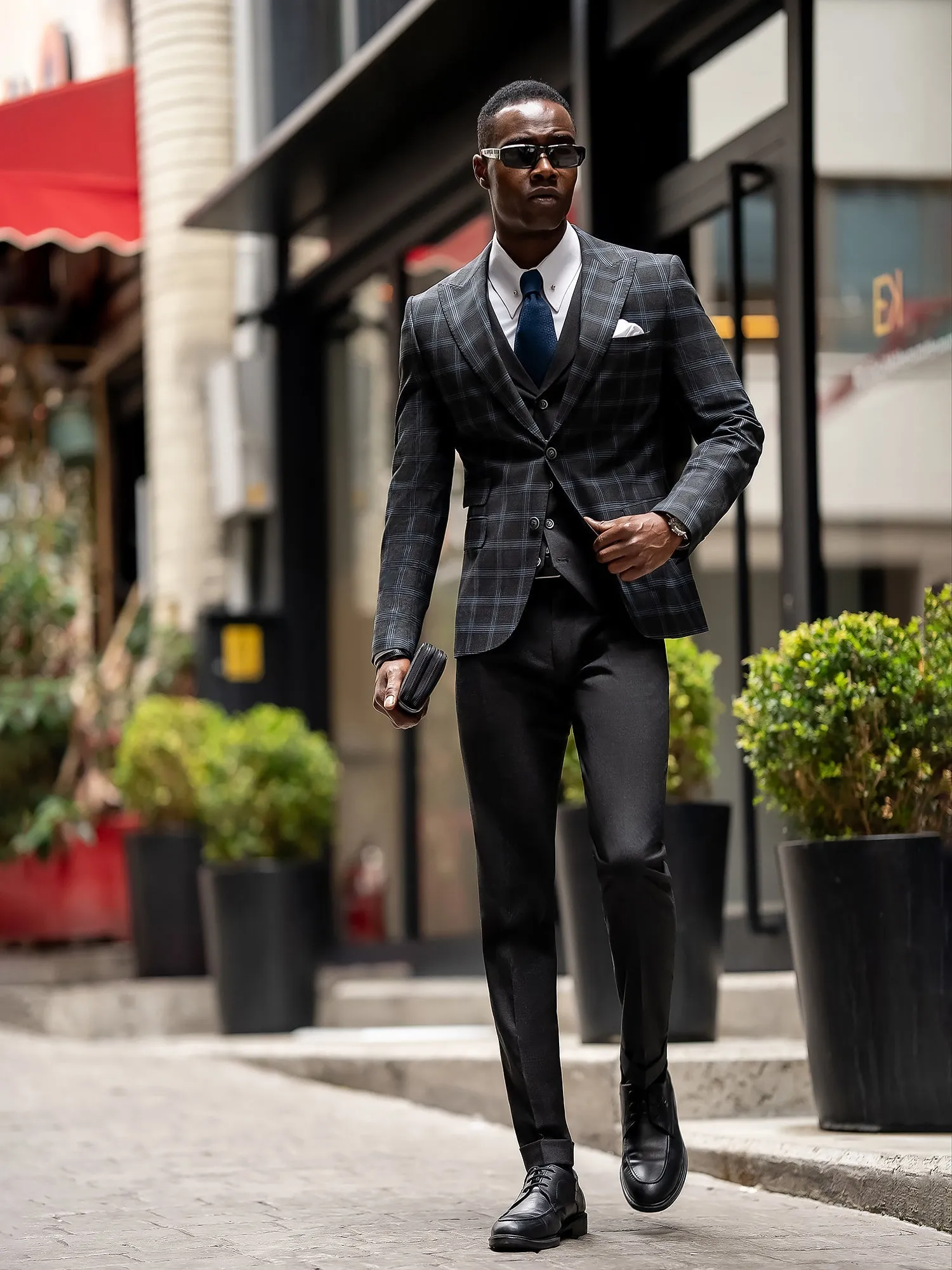 Dark Navy Plaid Slim-Fit Suit 3-Piece