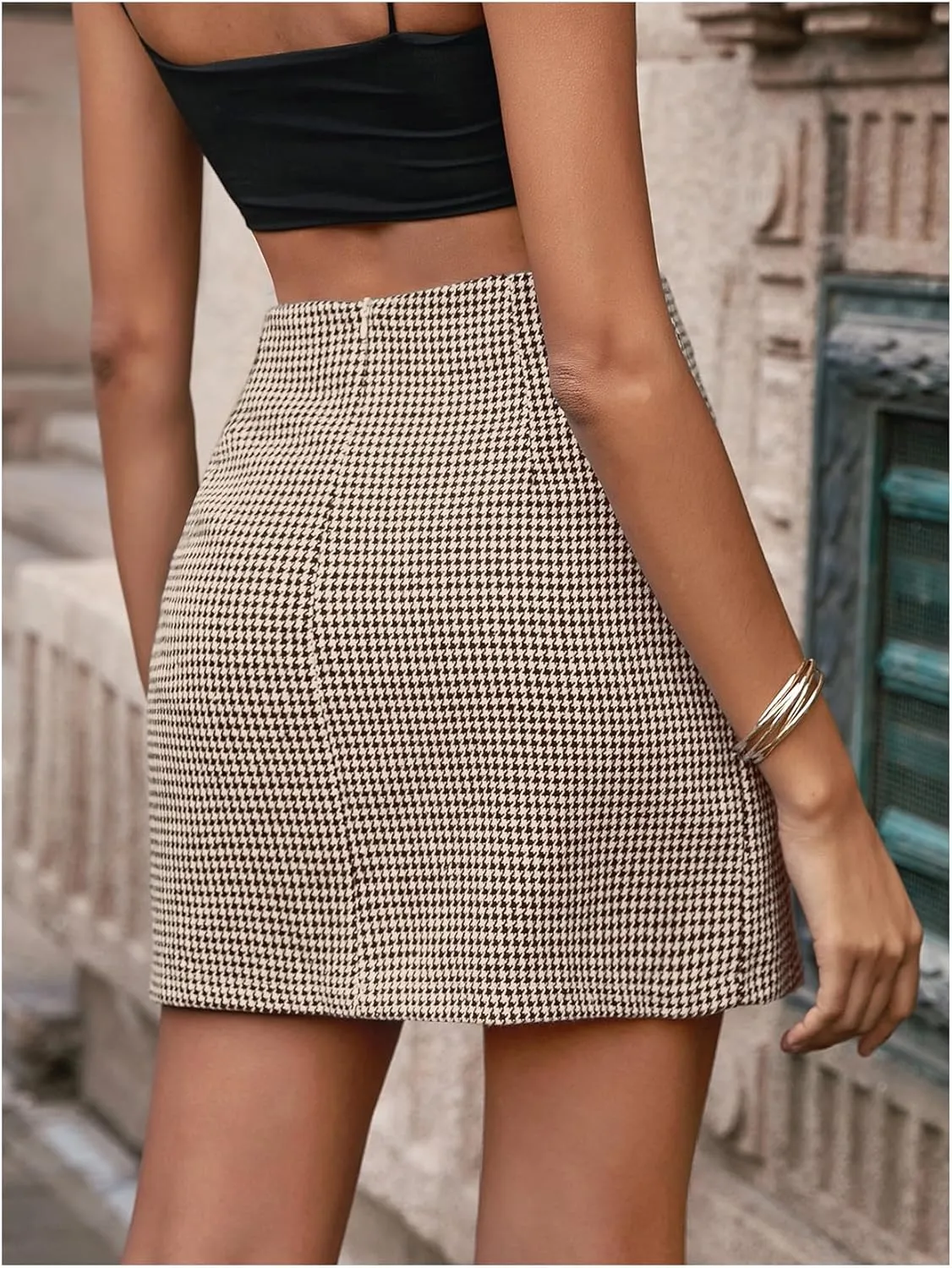 Floerns Women's Casual Houndstooth Print Straight A-Line Zipper Bodycon Mini Skirt