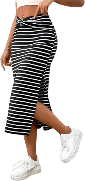Floerns Women's Casual Striped Twisted V Waist Straight Midi Skirts with Slit Hem