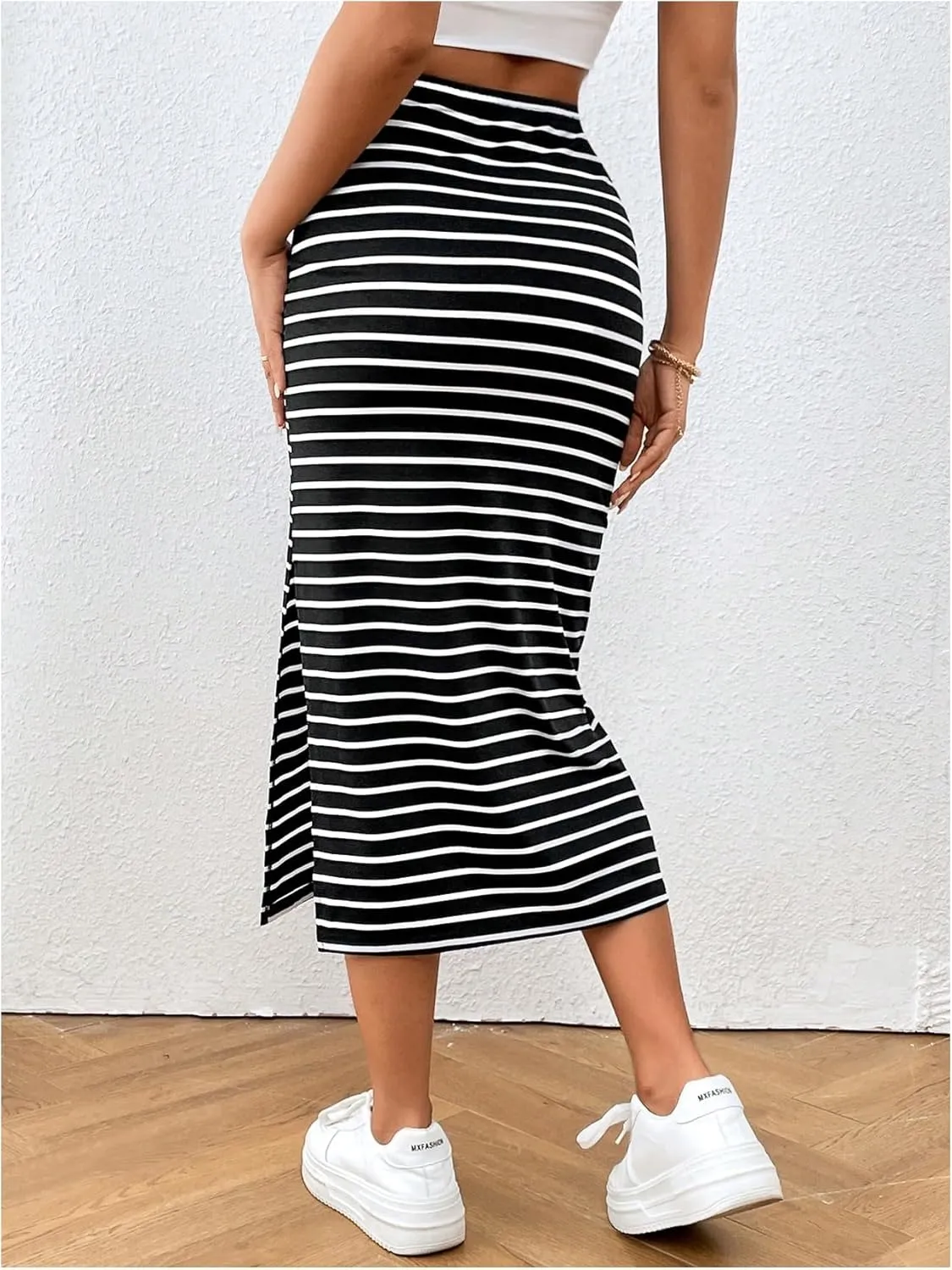 Floerns Women's Casual Striped Twisted V Waist Straight Midi Skirts with Slit Hem