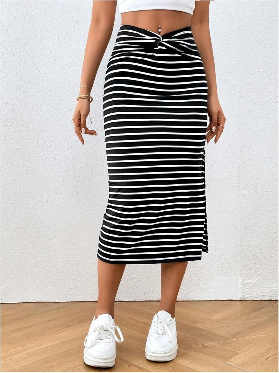 Floerns Women's Casual Striped Twisted V Waist Straight Midi Skirts with Slit Hem