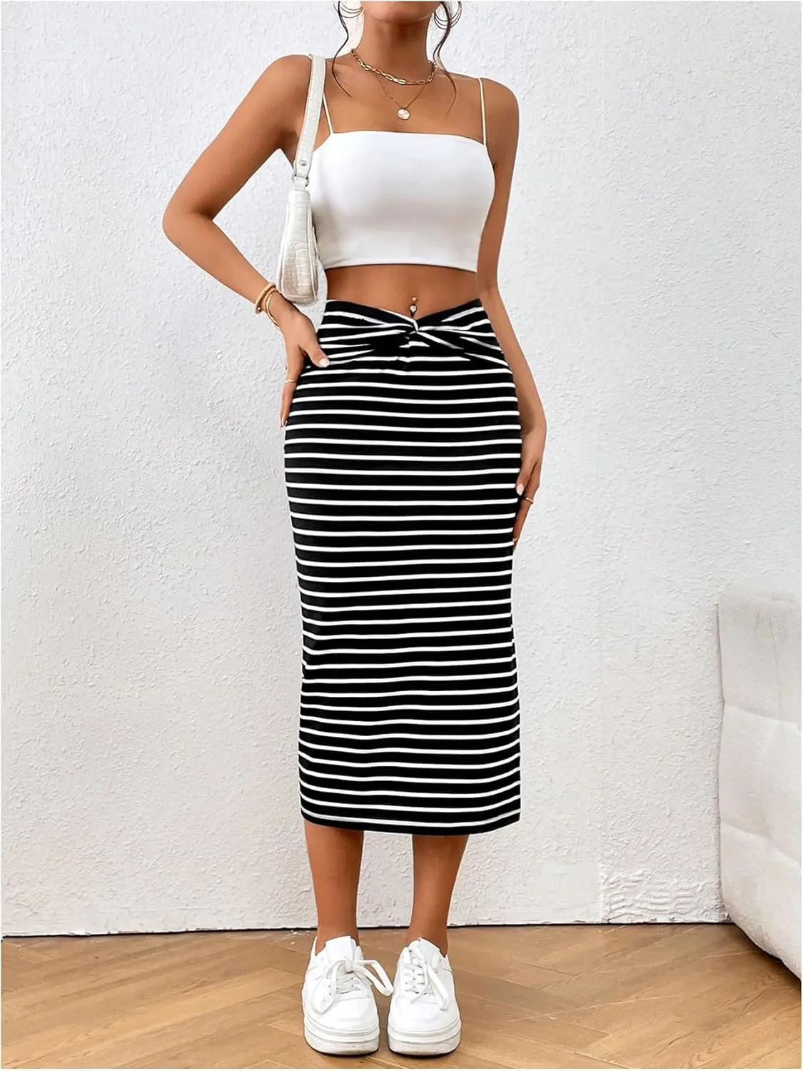 Floerns Women's Casual Striped Twisted V Waist Straight Midi Skirts with Slit Hem