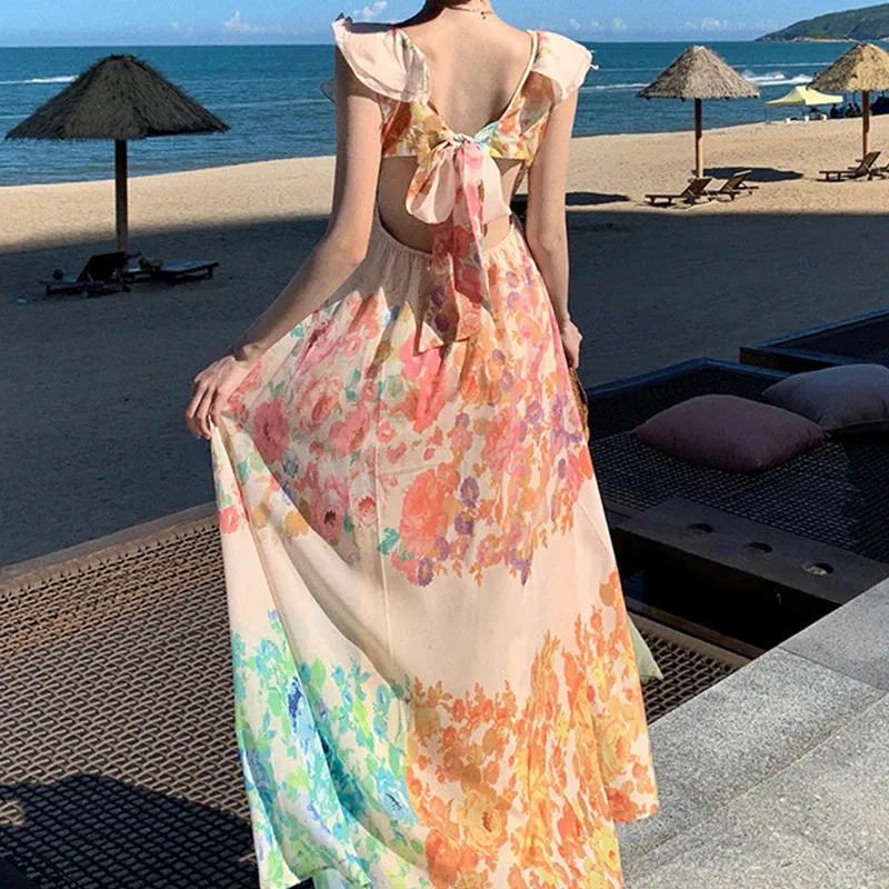 French Floral Backless Maxi Cruise Dress