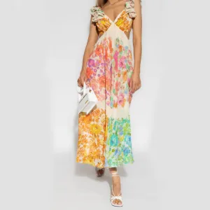 French Floral Backless Maxi Cruise Dress
