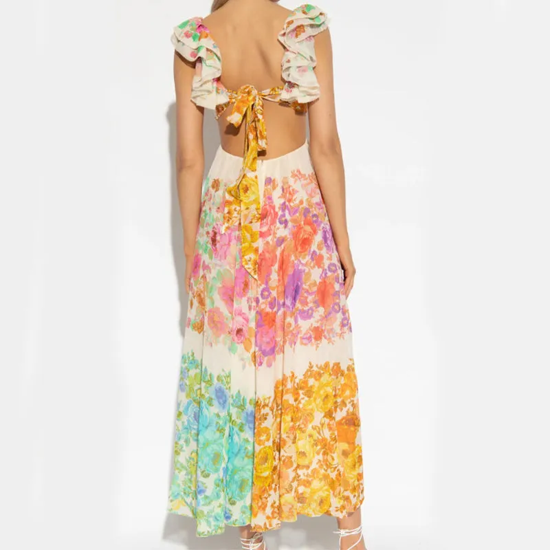 French Floral Backless Maxi Cruise Dress