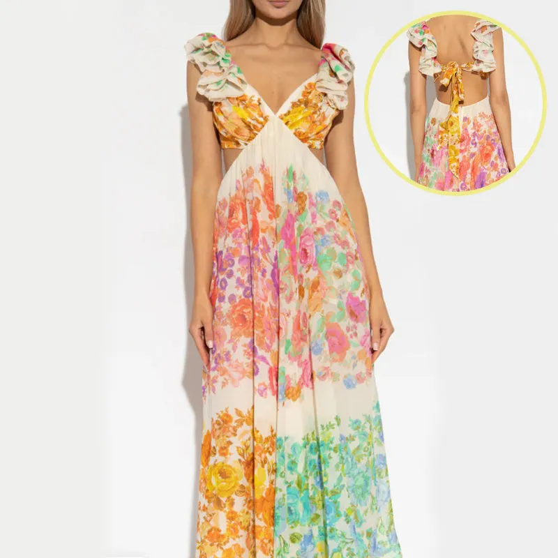 French Floral Backless Maxi Cruise Dress