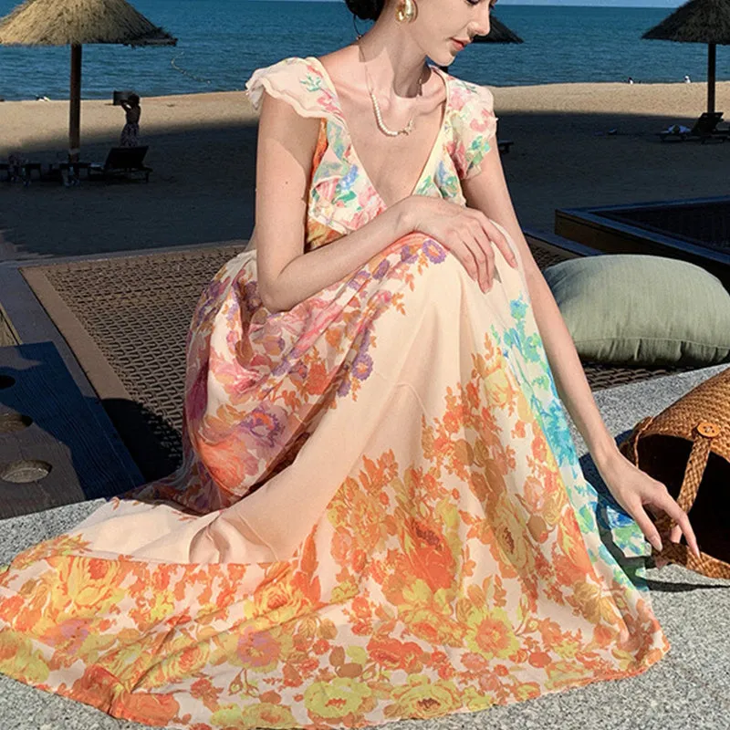 French Floral Backless Maxi Cruise Dress
