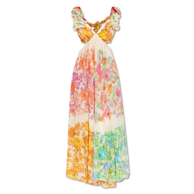 French Floral Backless Maxi Cruise Dress