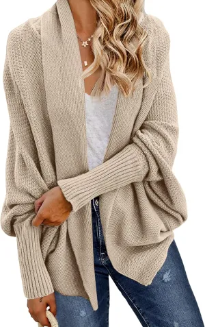 GRECERELLE Women's Kimono Batwing Cable Open Front Knitted Slouchy Oversized Wrap Cardigan Sweater Outwear Coat