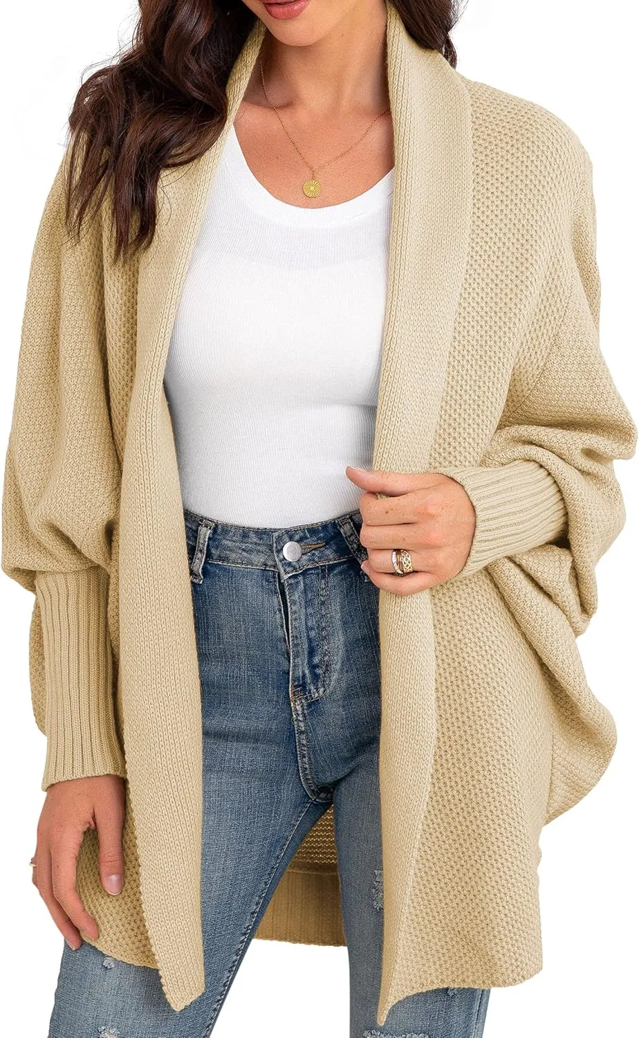 GRECERELLE Women's Kimono Batwing Cable Open Front Knitted Slouchy Oversized Wrap Cardigan Sweater Outwear Coat
